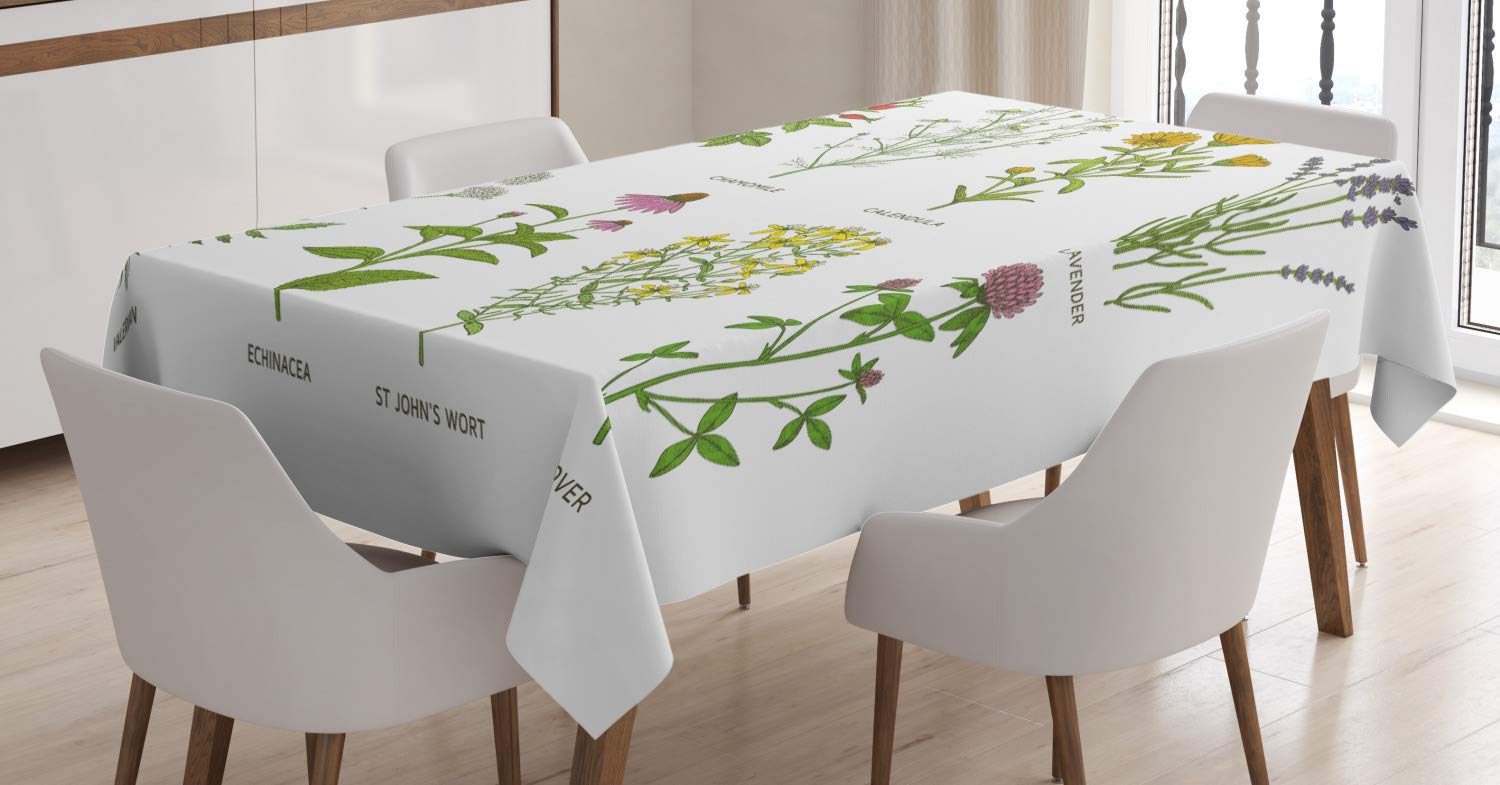 Ambesonne Floral Tablecloth with Herb & Flower Designs - Dog-Rose, Chamomile, Calendula, Lavender - 52x70 Inch Rectangular Table Cover for Dining Room & Kitchen - Multicolor Botanical Print - Perfect for Spring Decor, Tea Parties & Farmhouse Style Dining
