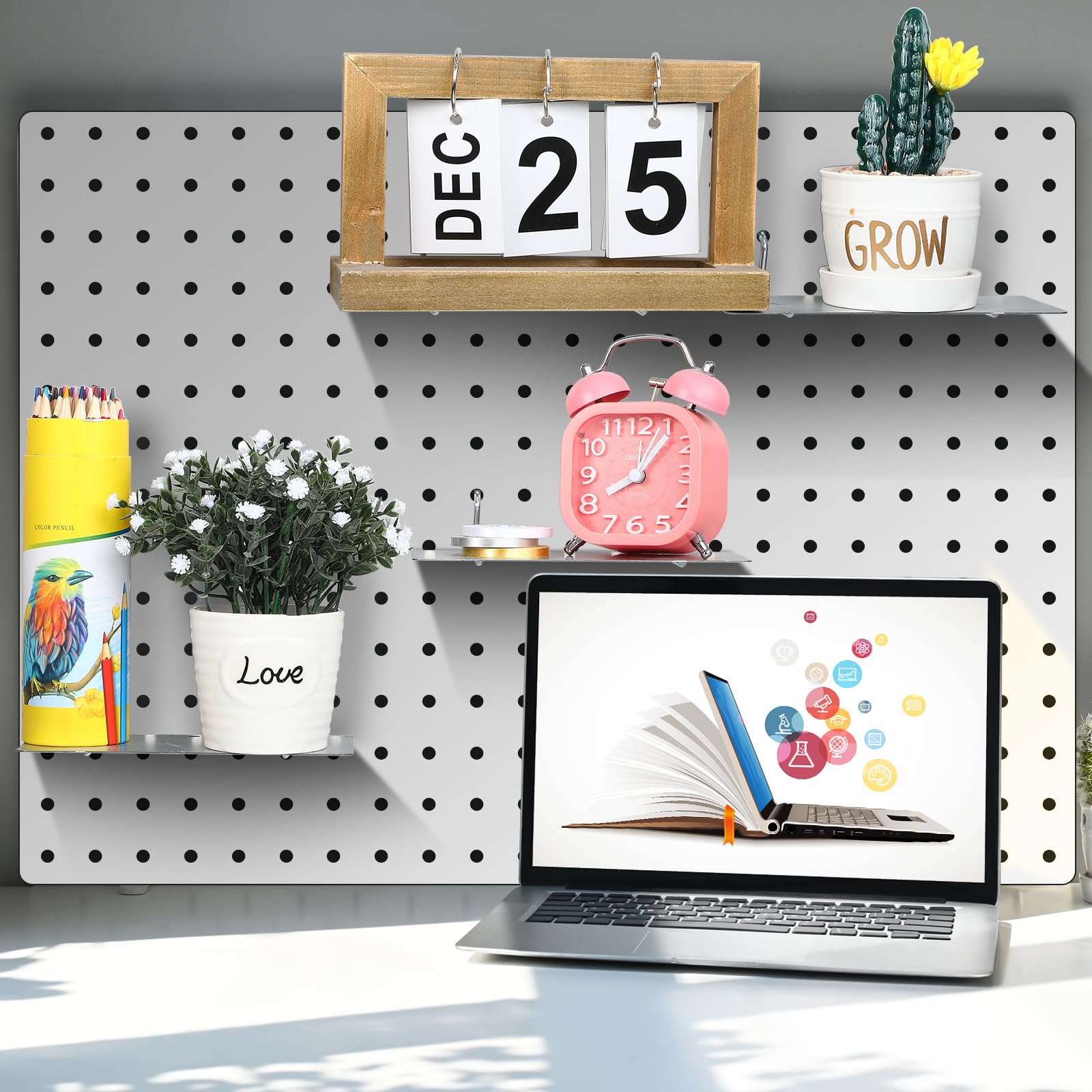 Funrous 4 Pack Silver Pegboard Shelves (10x4 Inch) - Heavy Duty Steel Wall Organizer Brackets & Tray for Craft Room, Garage, Kitchen, Nursery & Workbench | Space Saving Storage Solution for Tools & Supplies