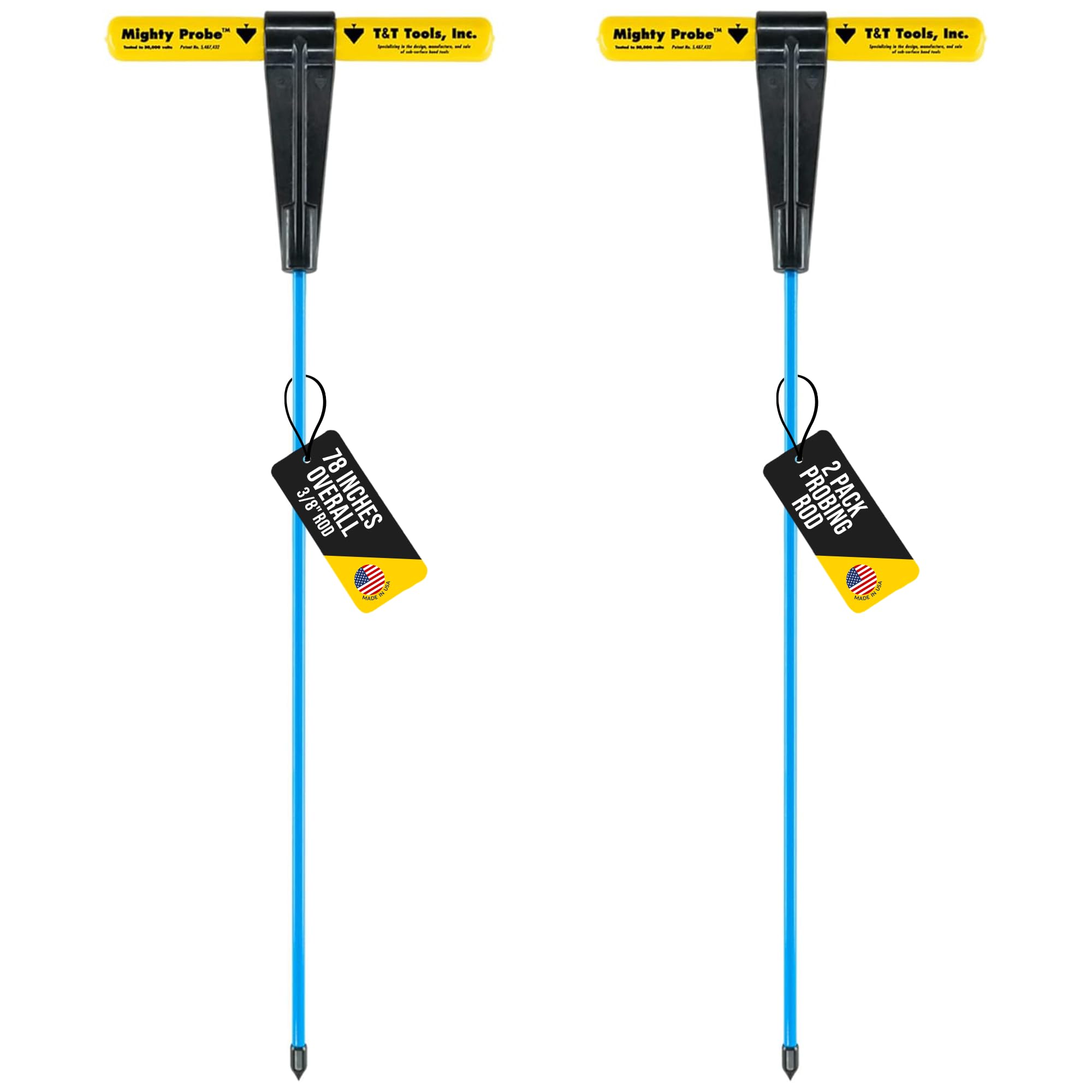 T&T Tools 78-Inch Insulated Metal Soil Probe - 2 Pack with 3/8-Inch Round Steel Rod - Heavy Duty T-Handle Probing Rod for Landscaping, Gardening & Soil Testing - Perfect for Farmers, Gardeners & Landscapers