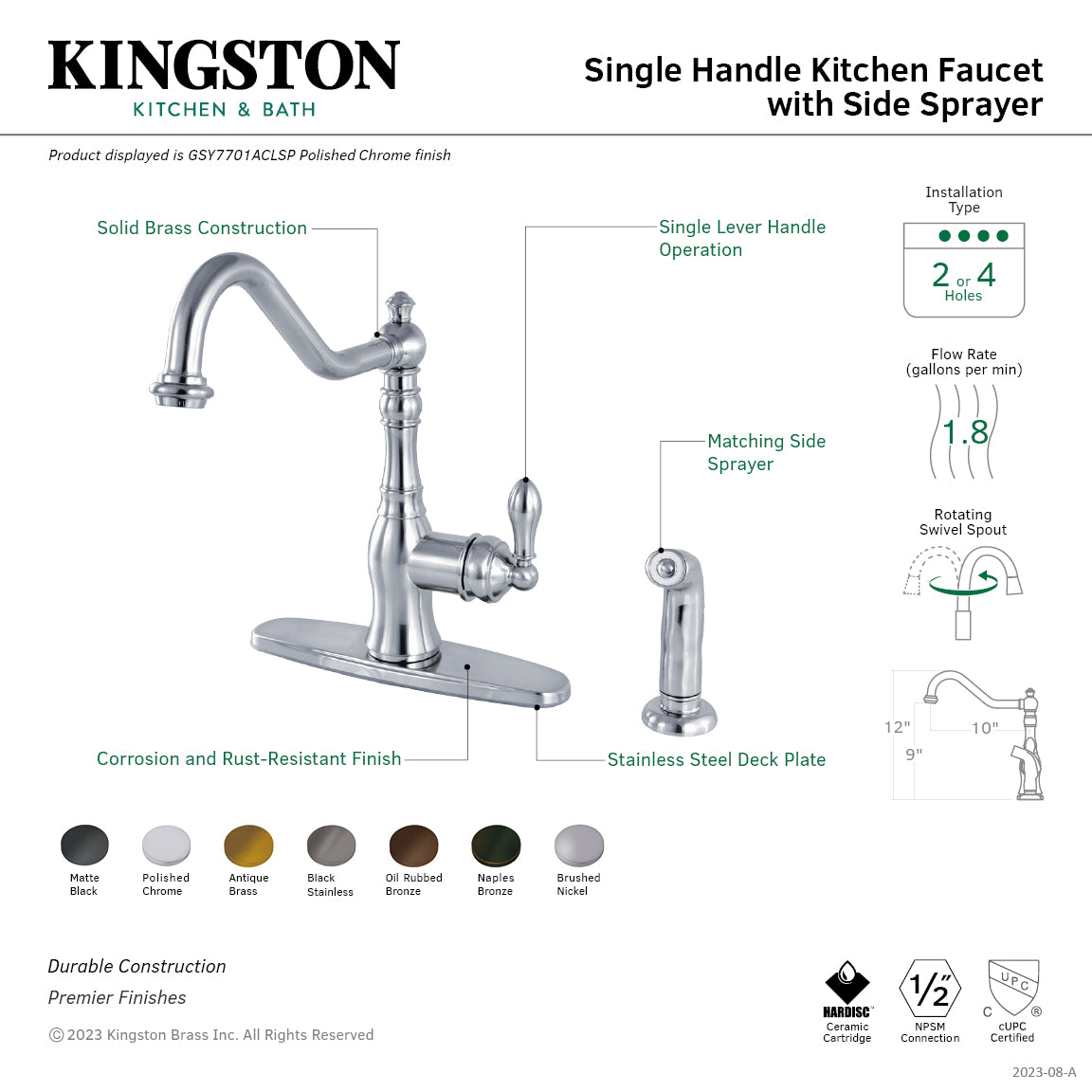 American Classic GSY7706ACLSP Single Handle Deck Mount Kitchen Faucet with Pull Down Sprayer - 2 or 4 Hole Installation - Naples Bronze Finish - Perfect for Modern Farmhouse & Rustic Style Kitchens