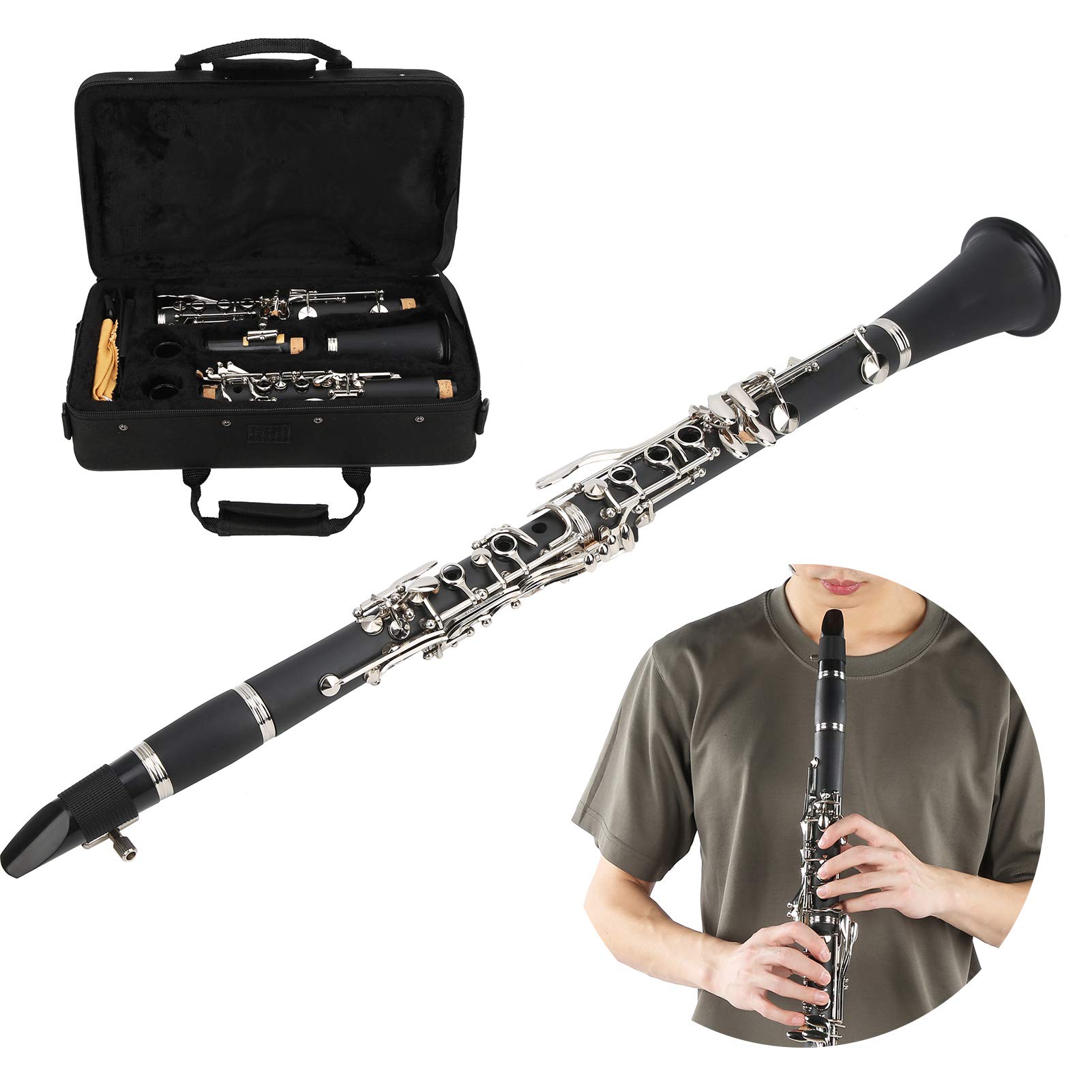 Professional Bb Clarinet with 17 Nickel Keys - Best Beginner Student Clarinet for Woodwind Band & Orchestra - Includes Hard Case & Cleaning Kit (Black) - Perfect for School Performances, Music Practice & Marching Band