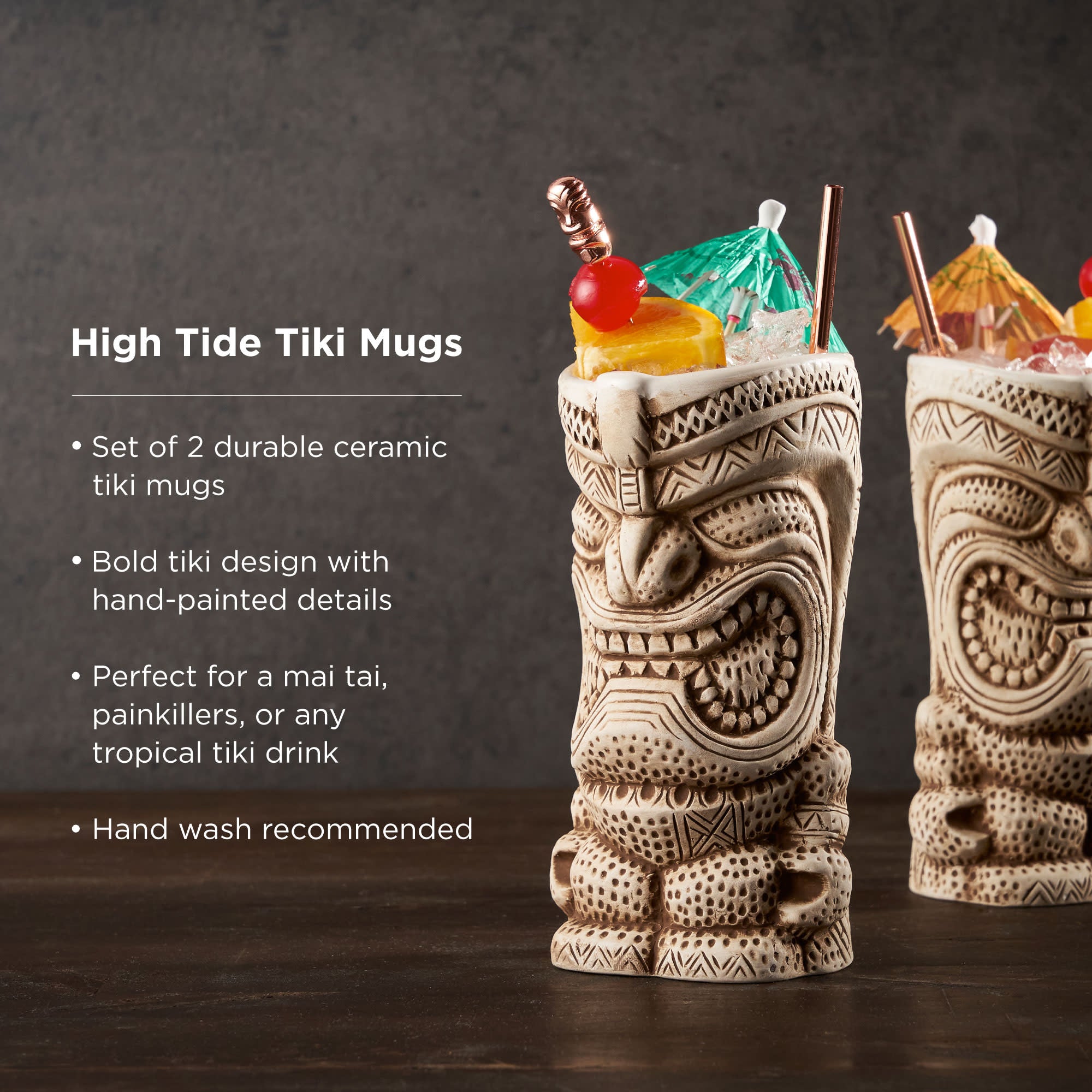 Premium Tiki Mugs Set of 2 - Handcrafted Ceramic Tropical Cocktail Cups with Vibrant Hawaiian Design - Perfect for Luau Parties, Beach Themed Events & Summer Drinks