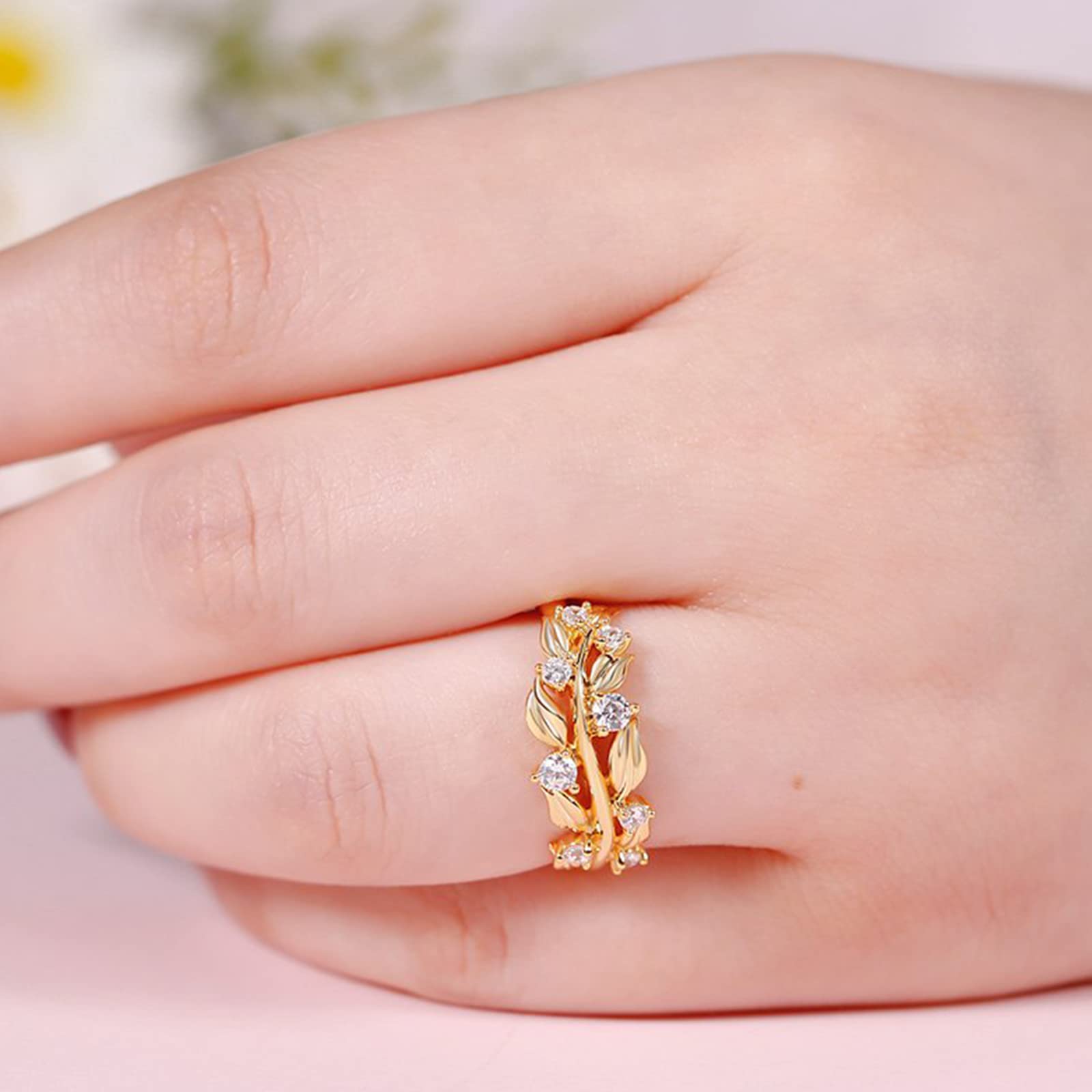 Jeulia Sterling Silver Olive Branch Band Ring for Women - Round Cut Leaf Promise Ring in Gold Tone with Diamond Accents, Nature-Inspired Wedding Band for Anniversary & Engagement - Perfect Gift with Jewelry Box (Ideal for Romantic Occasions, Proposals & Everyday Elegance)