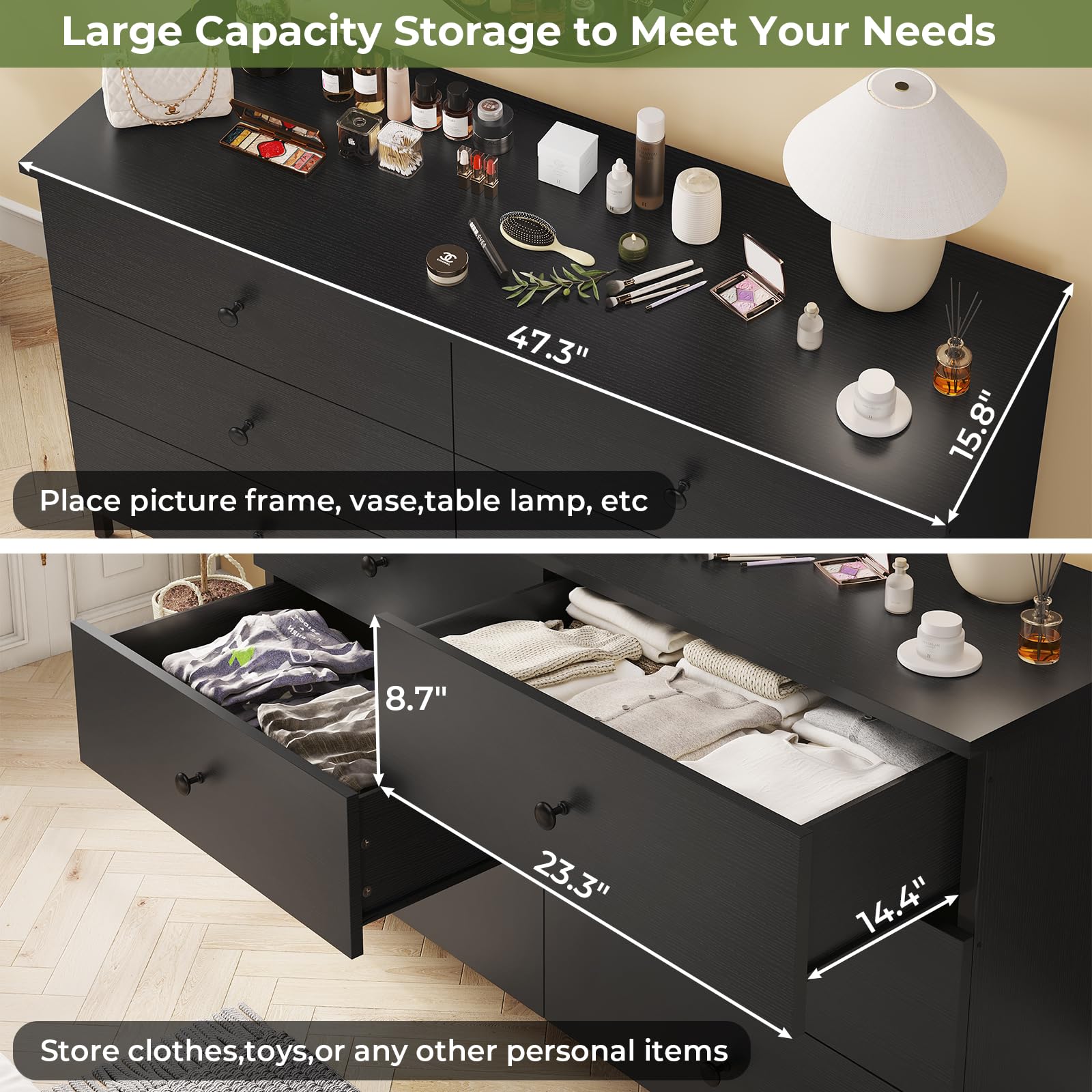Hasuit 6-Drawer Double Dresser - Solid Wood Chest with Heavy Duty Steel Frame - Large Capacity Storage Organizer for Bedroom, Living Room & Entryway - Perfect for Clothes, Linens, and Home Organization
