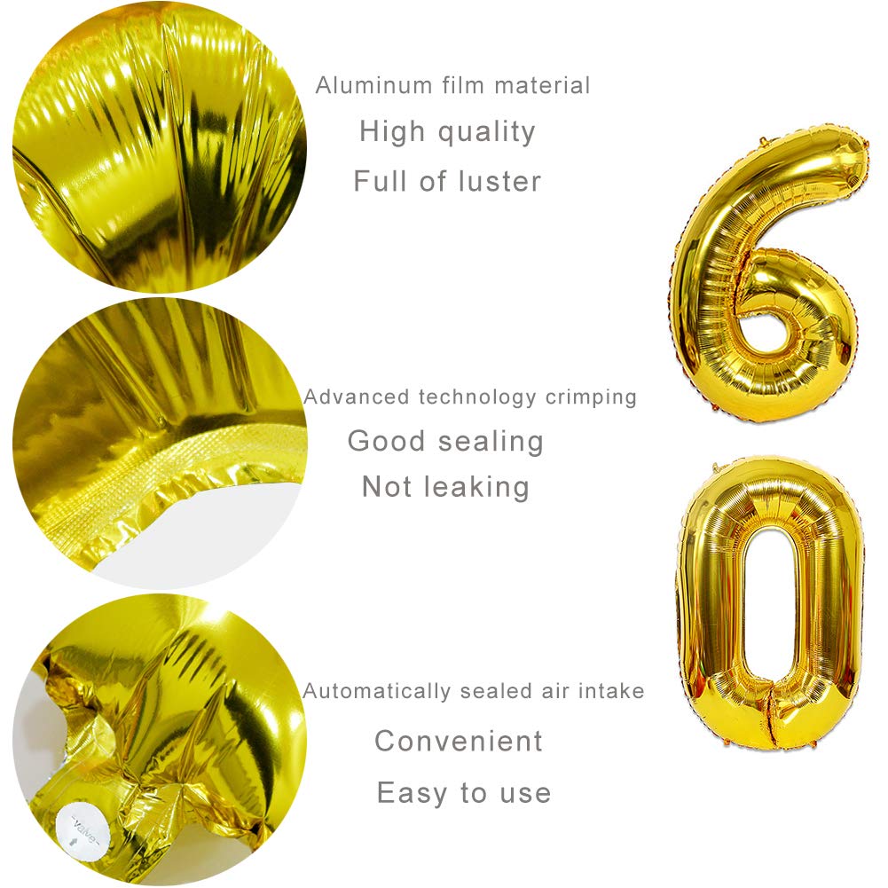 Rose Gold Number Balloons - 32 Inch Large Foil Helium Balloons for Birthday Party Decorations, Anniversary, Graduation & Baby Shower Events (Gold60)
