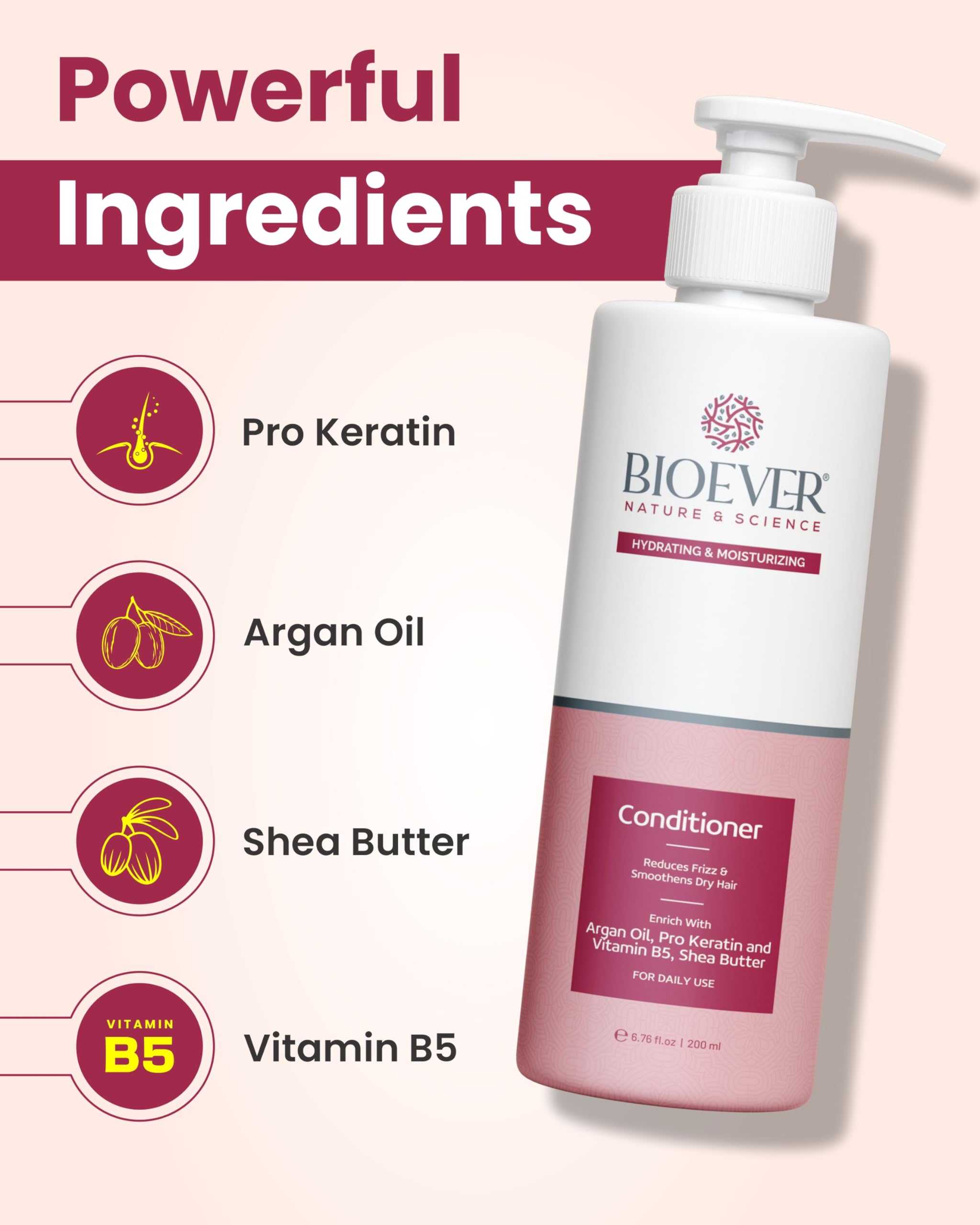 Bioever Shea Butter Hair Conditioner with Argan Oil, Pro Keratin & Vitamin B5 – Deep Hydration, Strength & Repair for Men & Women | Premium Hair Care Solution for Dry, Damaged & Frizzy Hair – 200ml | Perfect for Daily Use, Salon-Quality Results at Home