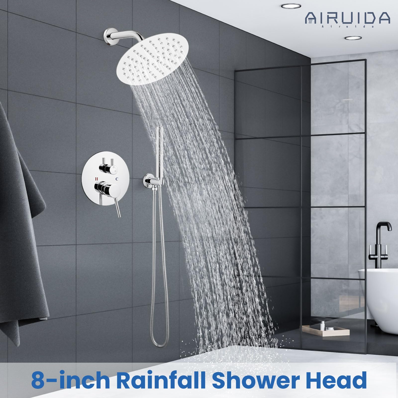 Airuida 2-Function Wall Mounted Shower Faucet Set - High Pressure Brass Handheld Shower with Rough-in Valve & 8 Inch Rainfall Round Shower Head in Chrome Polish for Bathroom | Perfect for Modern Home Spa Experience and Water-Saving Shower Upgrade