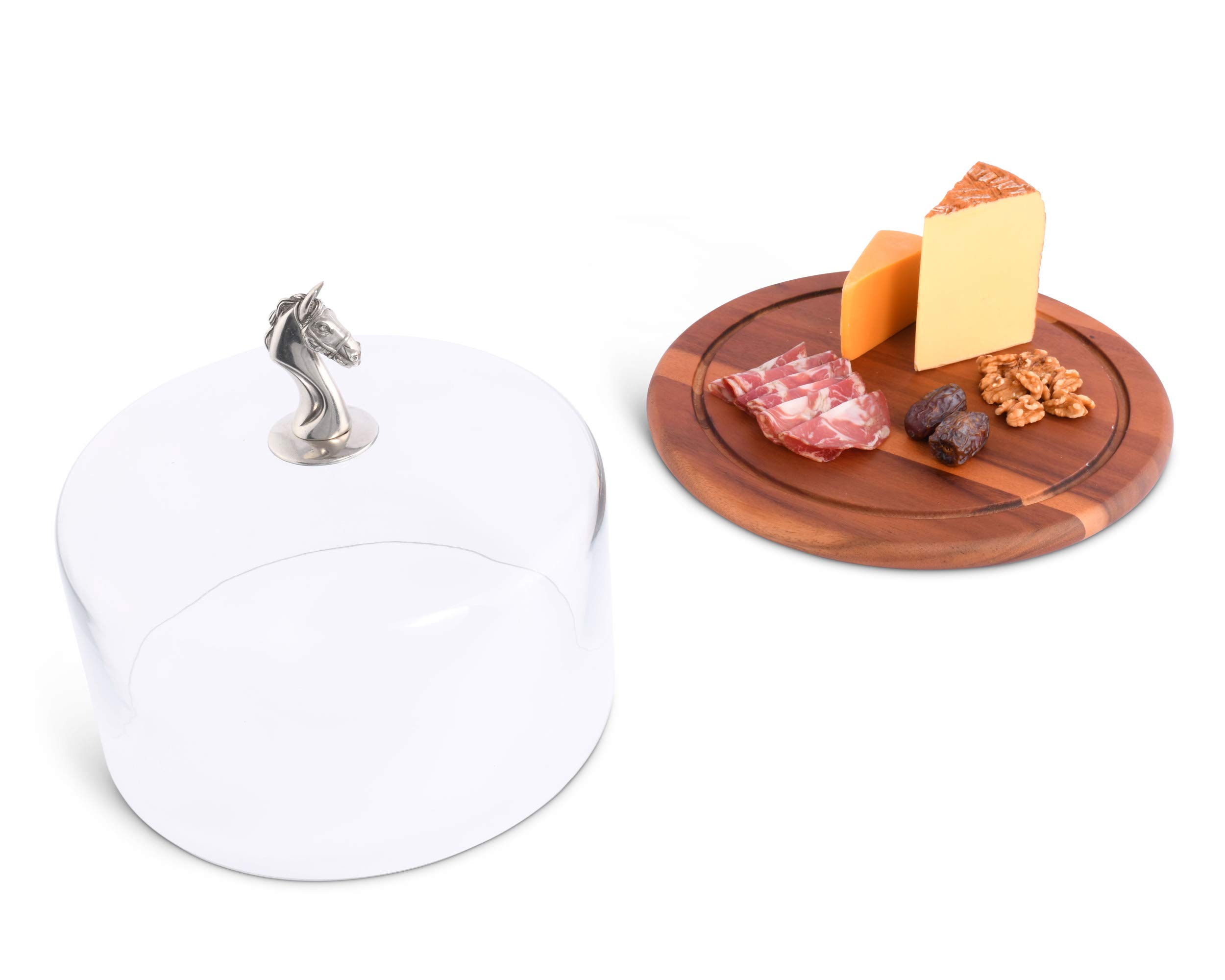 Handcrafted Wood Cheese & Display Board with Glass Dome Cover - Solid Pewter Horse Knob, 13