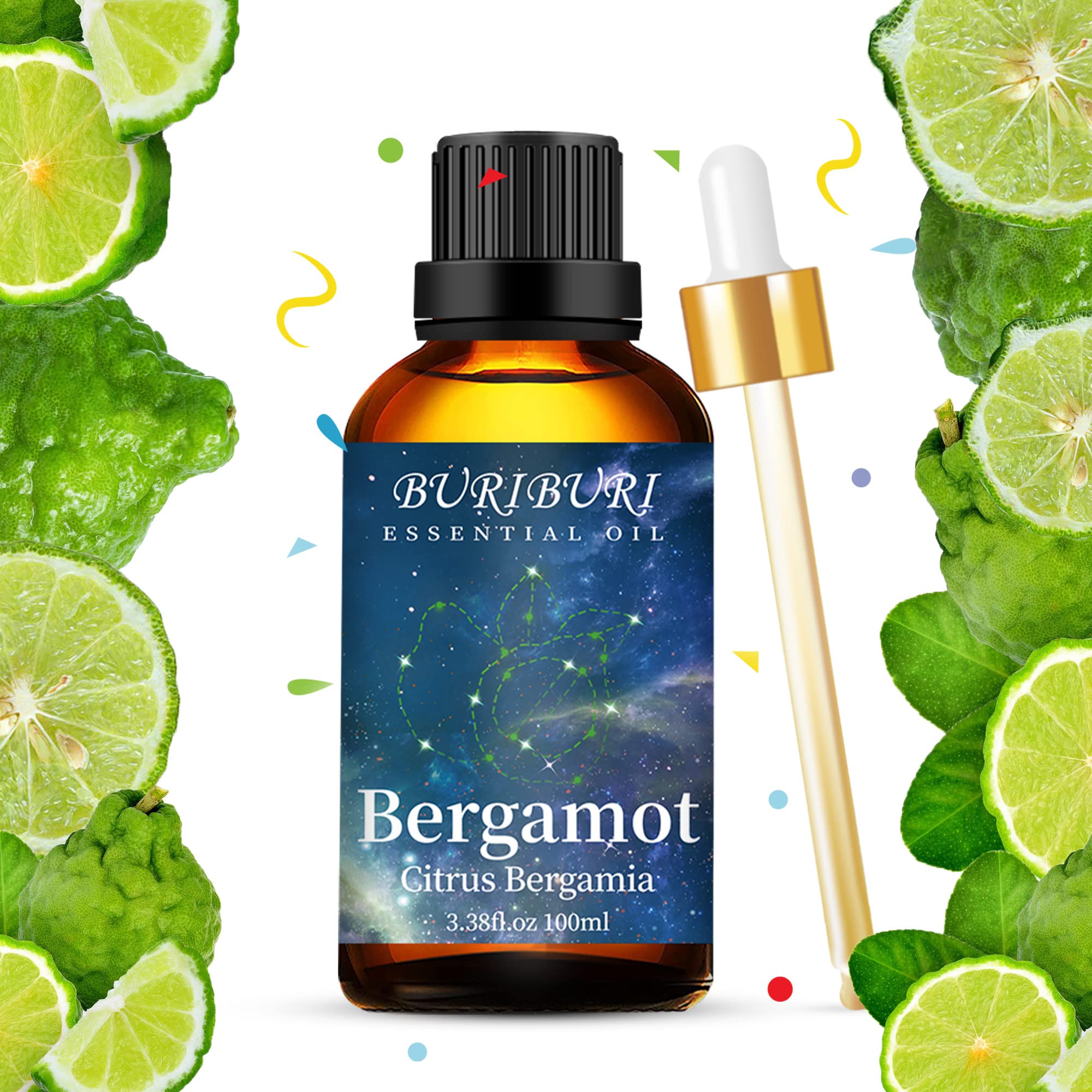 100% Pure Bergamot Essential Oil - 3.38 fl.oz (100ml) Undiluted Aromatherapy Oil for Diffuser, Massage, Candle & Soap Making | Relaxing Scent for Stress Relief, Mood Boosting & Home Fragrance