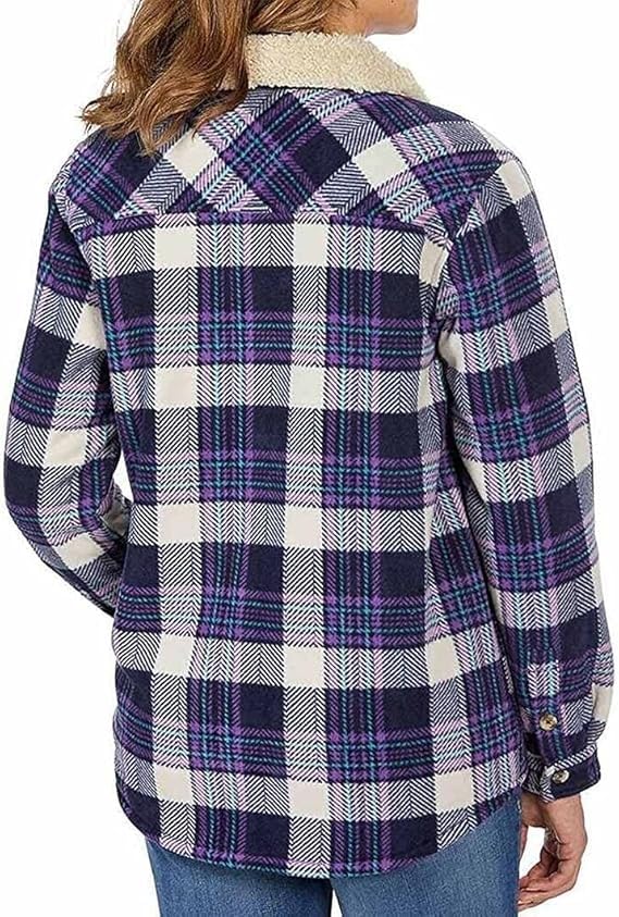 Women's Long Sleeve Plaid Fleece Jacket - Super Soft Sherpa Lined Shirt Coat with Pockets (XX-Large, Blue-Purple) | Cozy Winter Outerwear for Casual Wear, Hiking & Outdoor Activities
