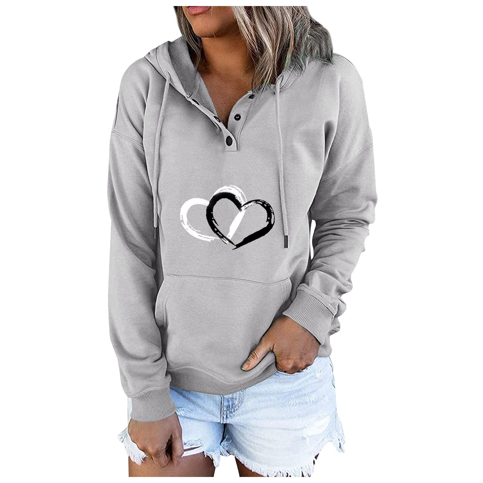 HAOREEKZ Women's Fashion Hoodies - Love Printed Button Drawstring Long Sleeve Kangaroo Pocket Sweatshirts | Casual Wear, Street Style & Loungewear for Everyday Comfort