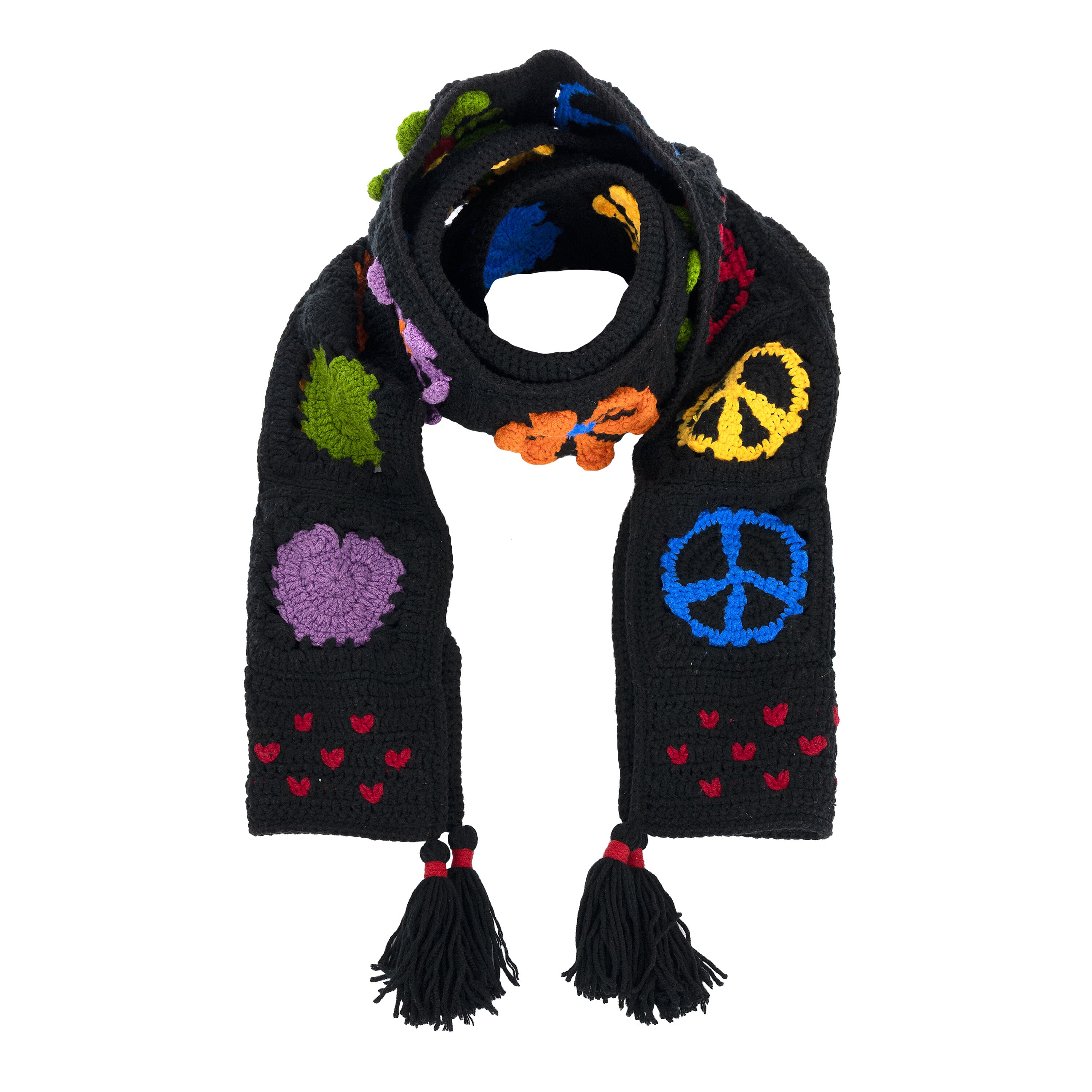 Hand Crochet Black Peace and Love Cozy Scarf - Warm Winter Fashion Accessory for Women & Men - Perfect for Cold Weather, Outdoor Activities, and Gift Giving