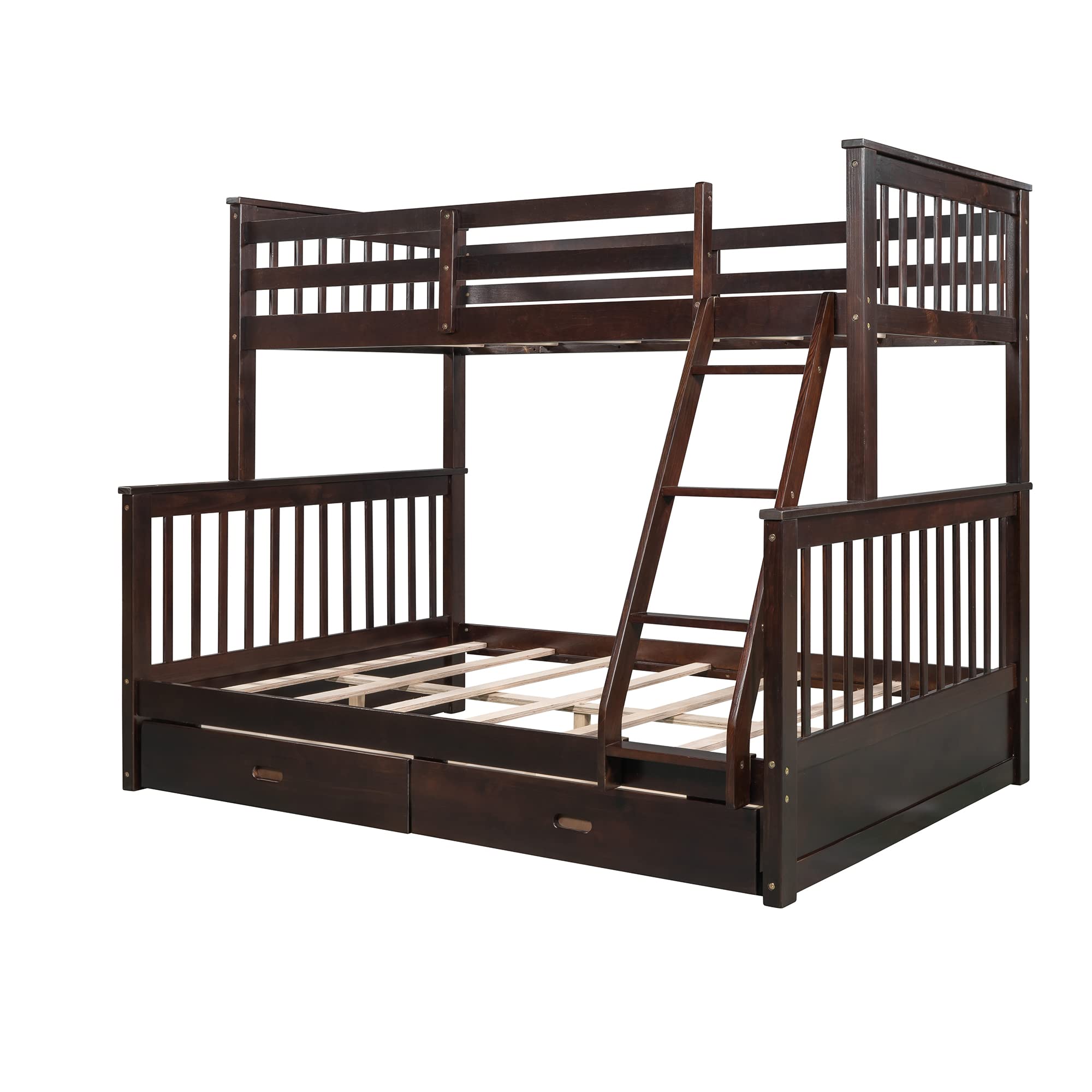 Solid Wood Twin Over Full Bunk Bed with 2 Storage Drawers - Sturdy Bunk Bed Frame with Guardrails & Ladder for Kids, Teens & Adults - No Box Spring Needed (Espresso) - Perfect for Small Rooms, Guest Rooms & Vacation Homes