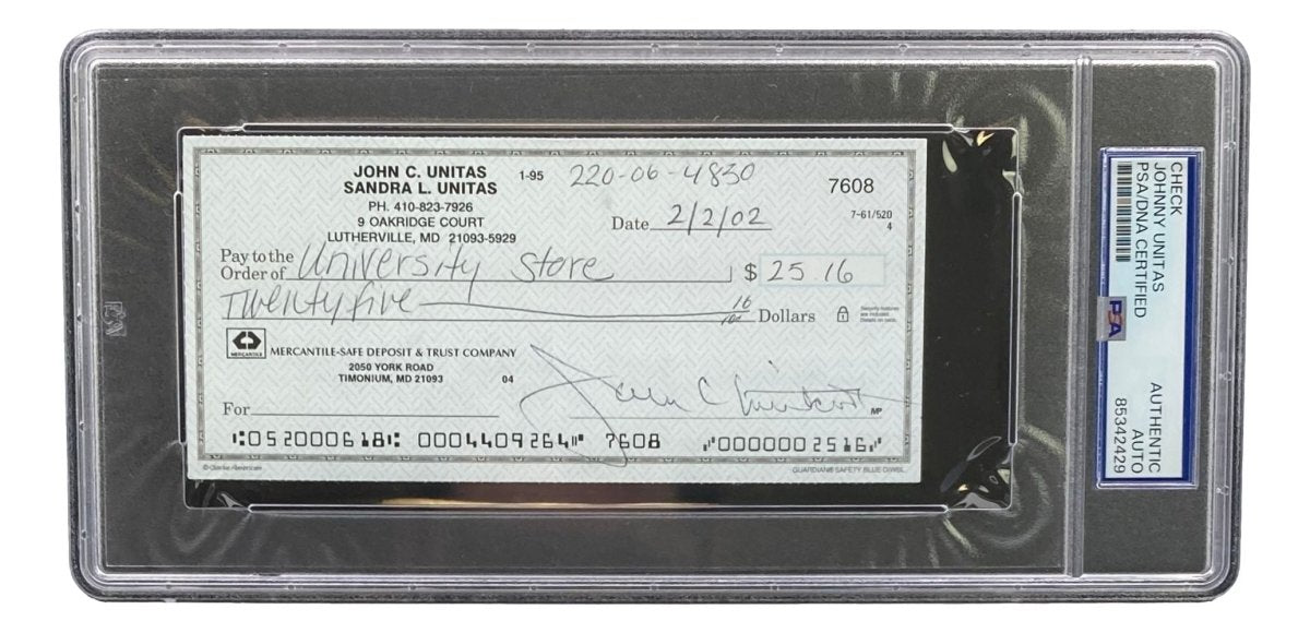 Johnny Unitas Baltimore Colts Autographed Signed Bank Check #7608 PSA Certified - Rare Football Memorabilia for Collectors & Sports Fans Display