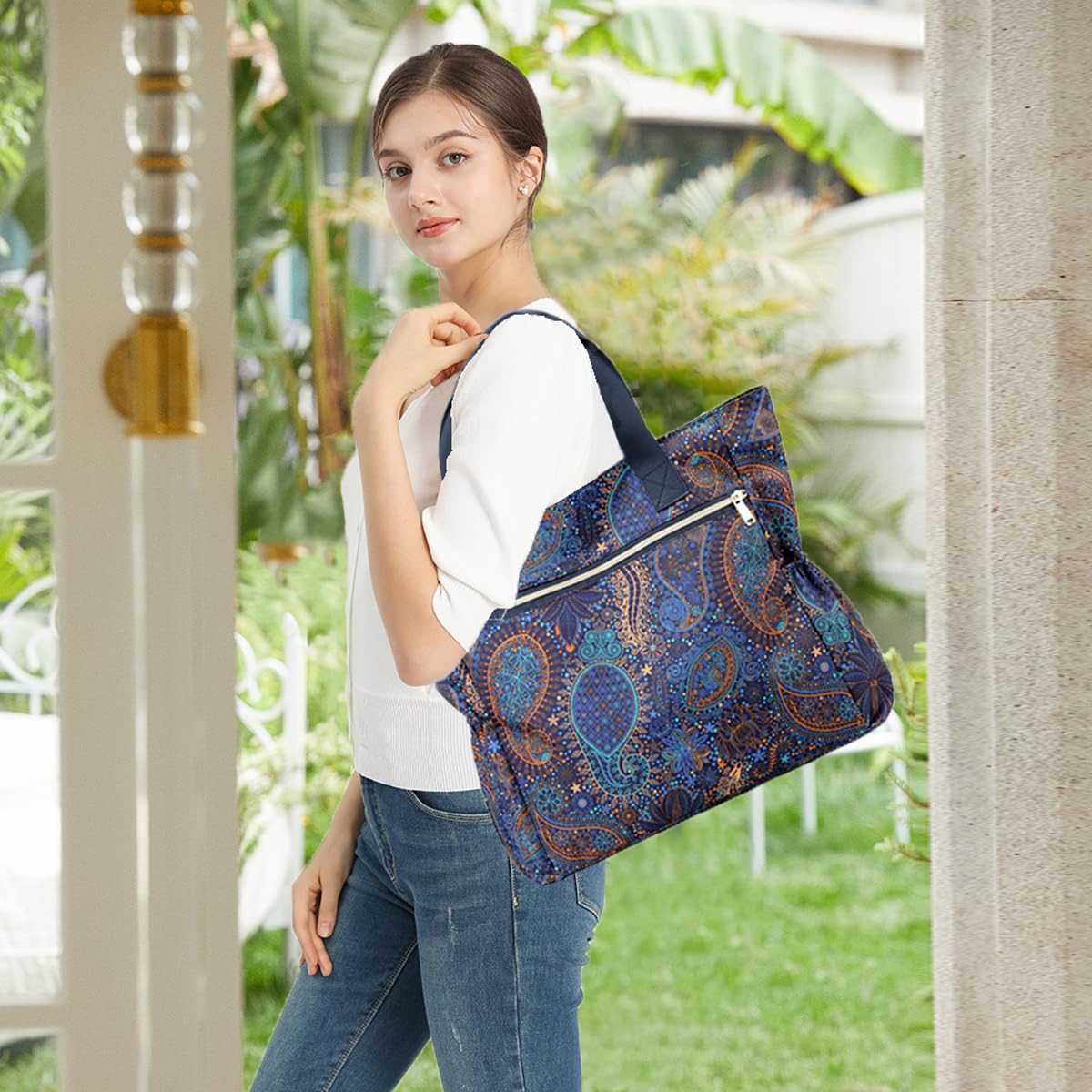 Stylish Large Nylon Tote Bag for Women - Floral Print Shoulder Handbag with Top Handle, Perfect for Work, Travel & Everyday Use
