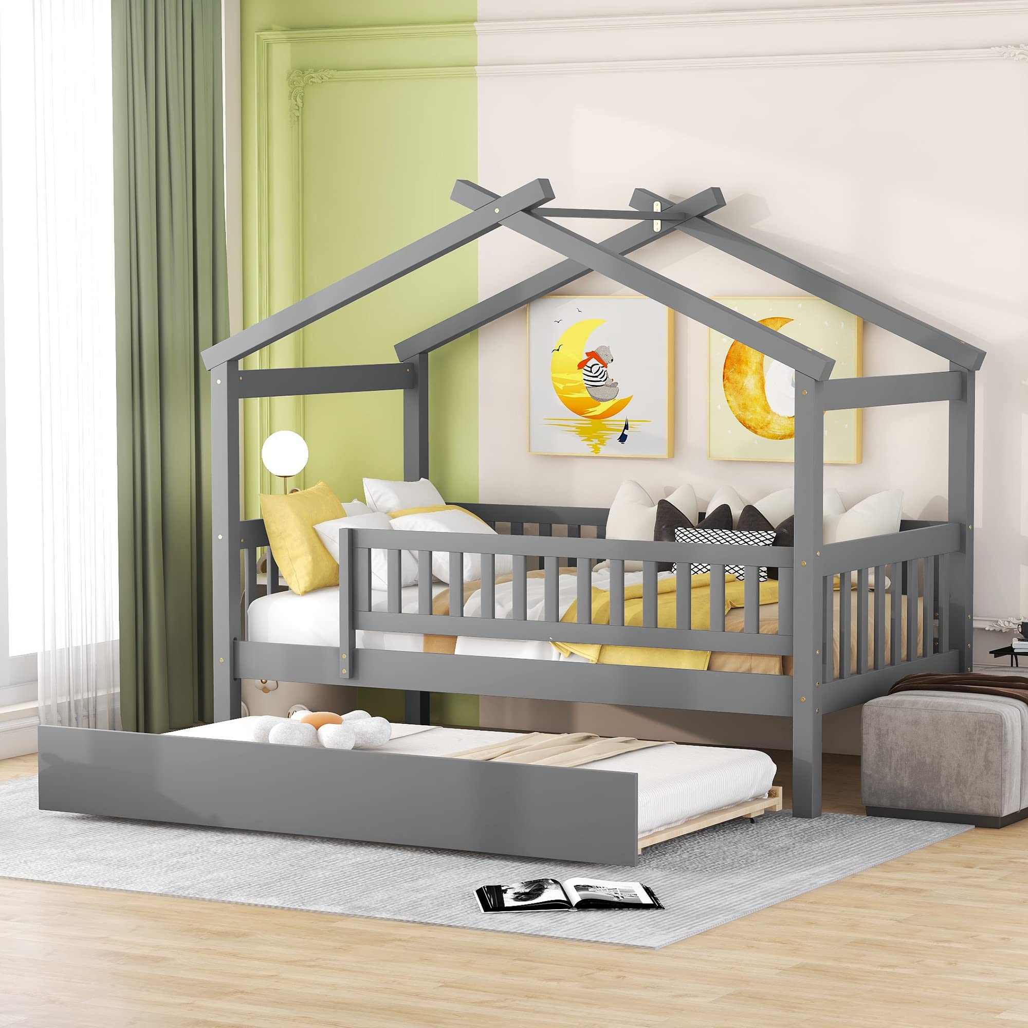 Twin House Bed with Trundle - Wooden Playhouse Bed Frame with Safety Rails & Roof Tent for Kids & Teens | Montessori Style Twin Size Platform Bed for Boys & Girls | No Box Spring Needed | Perfect for Bedroom, Playroom & Sleepovers (Gray)