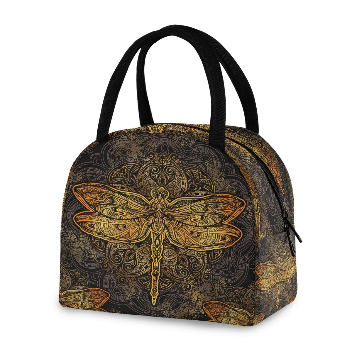 Blueangle Exquisite Golden Dragonfly Insulated Lunch Bag for Women & Men - Waterproof Thermal Tote Cooler Box with Organizer Pockets | Perfect for Work, School, Picnics & Outdoor Activities