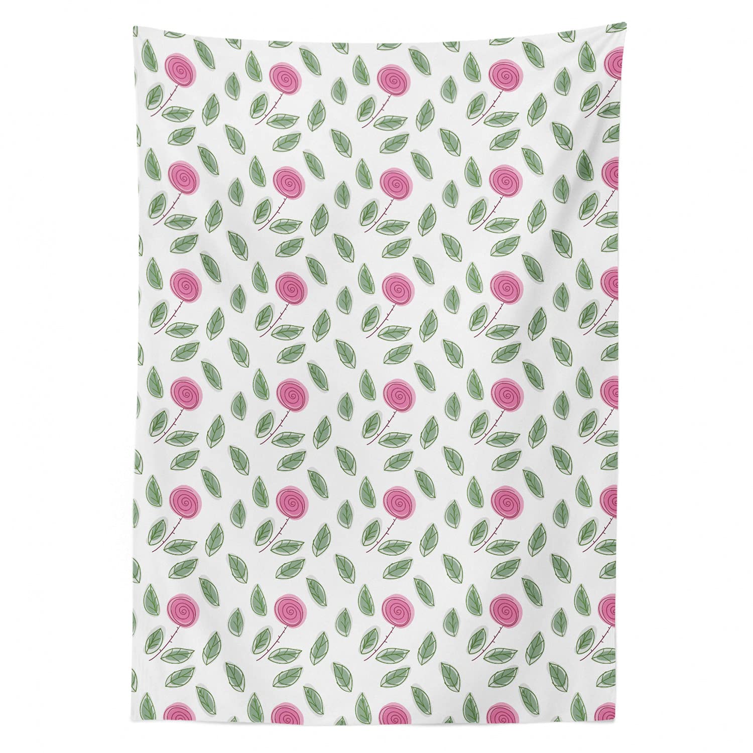 Ambesonne Rose Tablecloth - Modern Pink Rose Blossoms with Spiral Designs & Green Leaves, 60x90 Inch Rectangle Satin Dining Table Cover for Kitchen & Dining Room Decor - Perfect for Dinner Parties, Holiday Gatherings & Home Decor