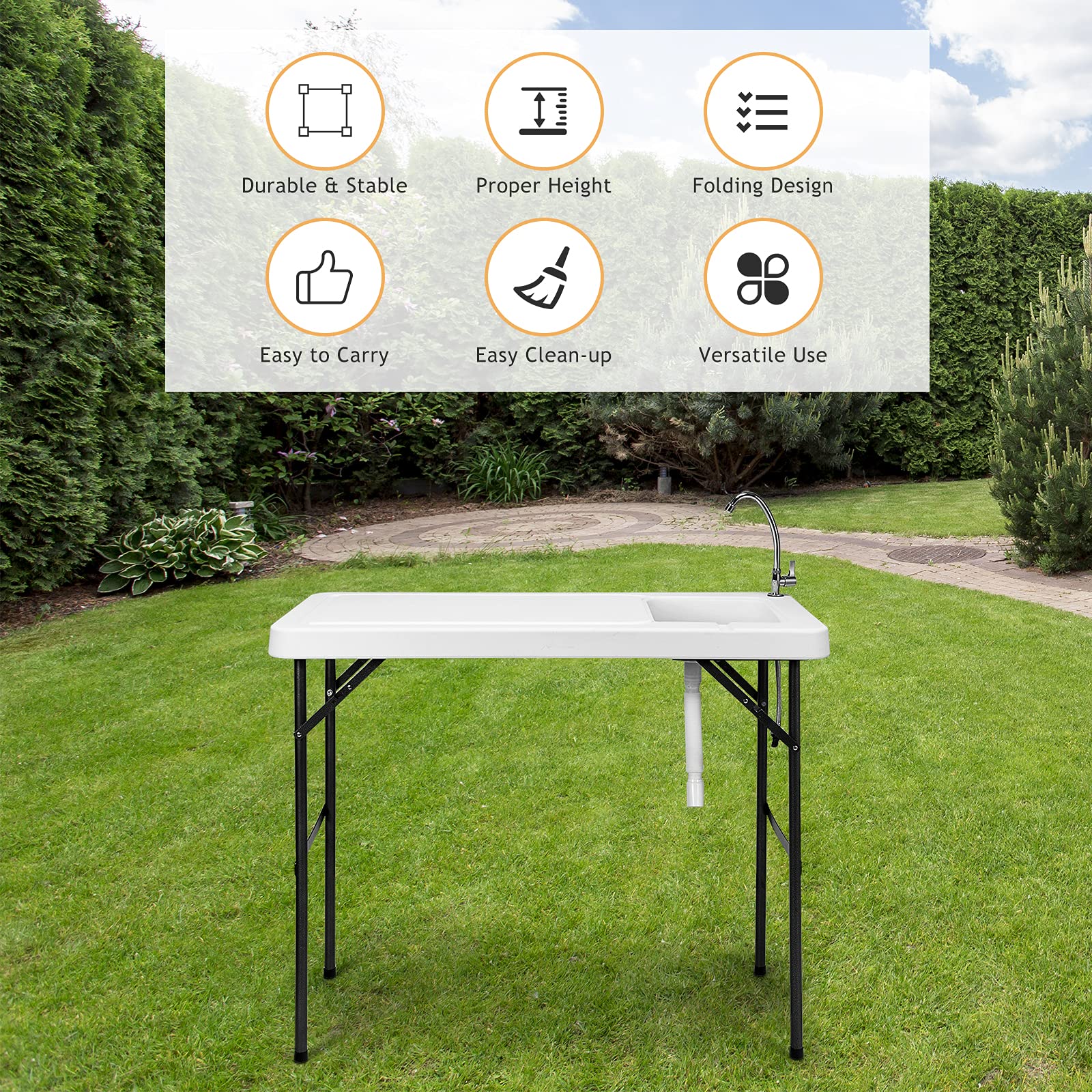PETSITE Portable Fish Cleaning Table with Faucet - Foldable Outdoor Camping Sink for Picnic, Fishing & Backyard Use - White