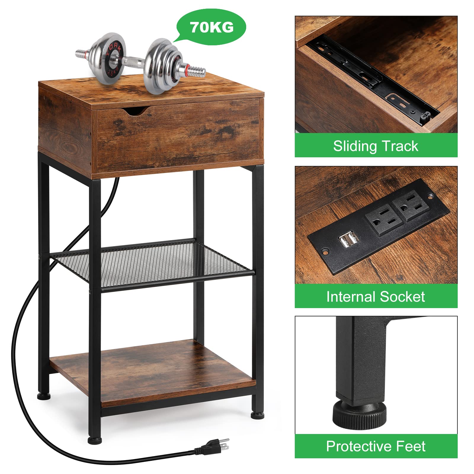MOOACE Industrial Narrow Side Table with USB Charging Station, 2 Power Outlets & Storage Drawer - Rustic Brown Nightstand for Bedroom, Living Room | Perfect for Small Spaces, Phone Charging & Bedside Organization