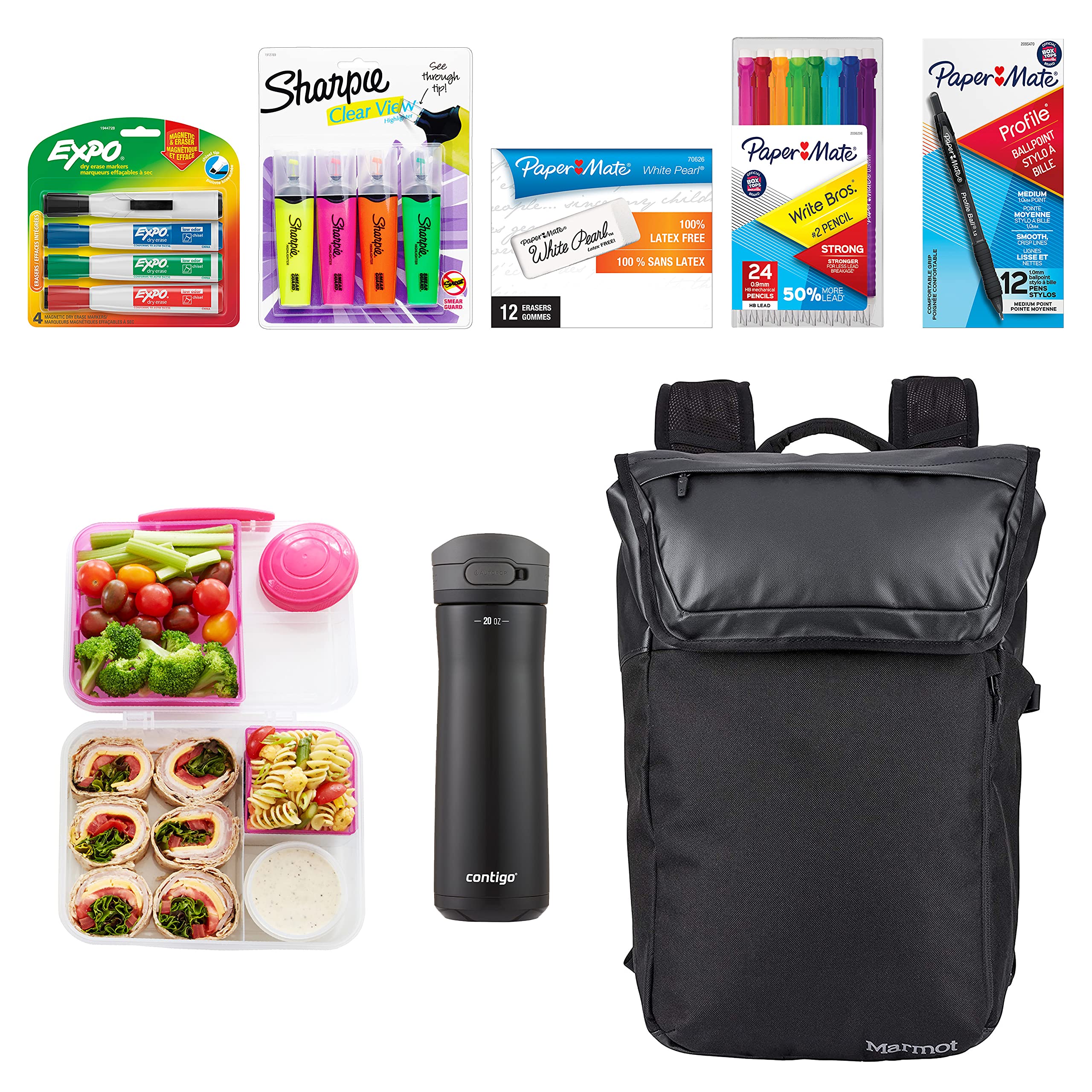 Middle School Supplies Value Bundle - 59 Count | Paper Mate Mechanical Pencils, Ballpoint Pens, Expo Dry Erase Markers, Contigo Water Bottle & Sistema Lunch Box | Perfect for Back to School, Classroom Essentials & Student Organization