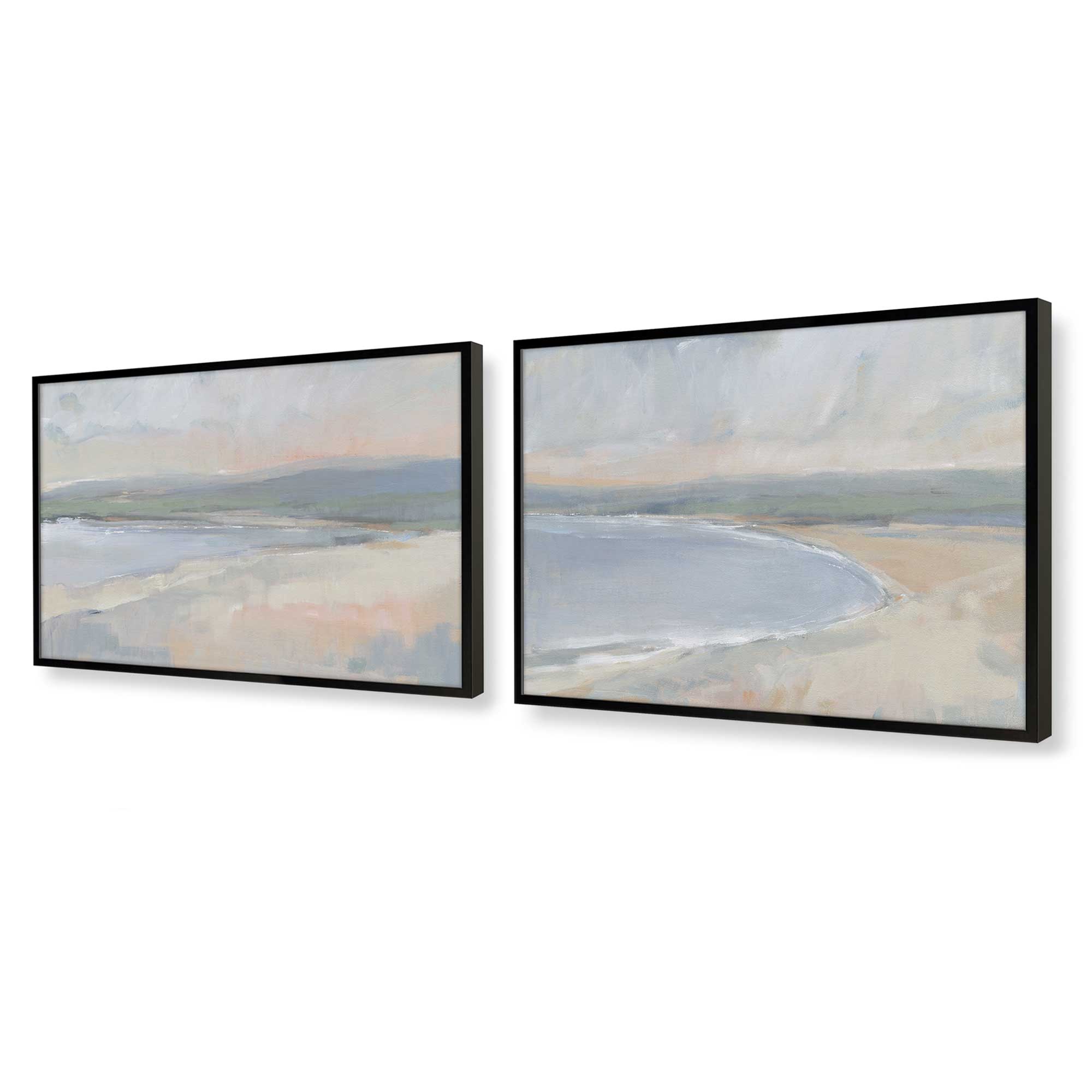 Hazy Beach at Dawn - Set of 2 Coastal Wall Art Prints for Living Room & Bedroom Decor