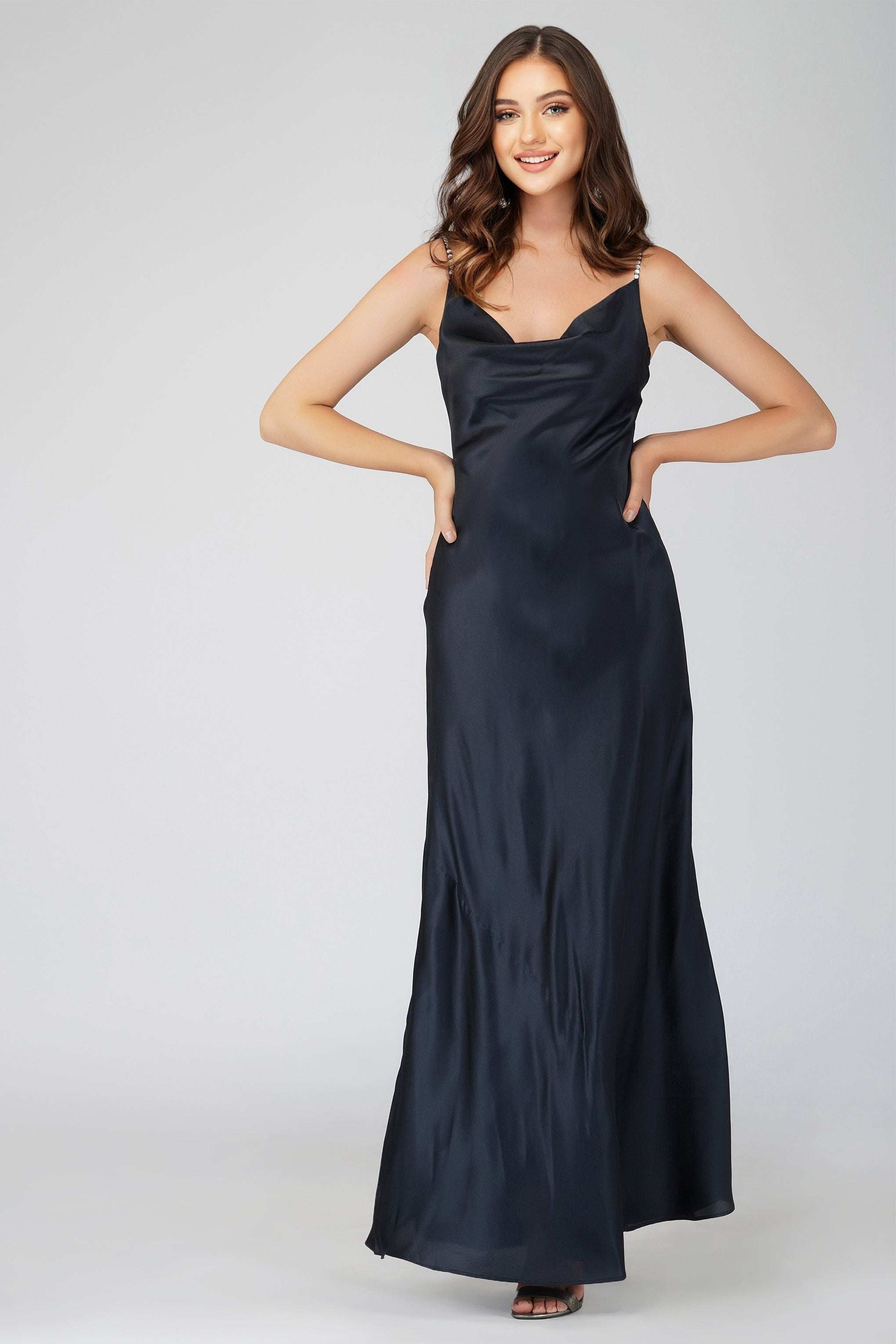 Elegant Sienna Navy Blue Satin Maxi Dress for Women - Formal Evening Gown, Wedding Guest Dress, Prom & Party Wear