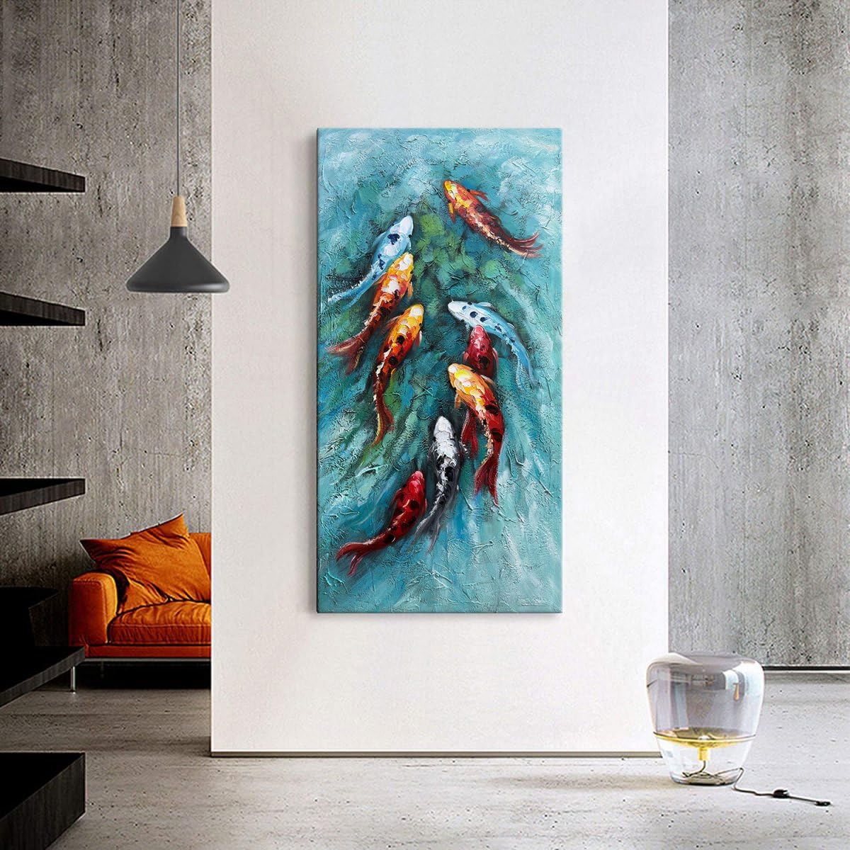 Zoinart Hand-Painted 3D Nine Fishes Oil Painting on Canvas - 24x48 Inch Vertical Modern Abstract Wall Art - Ready to Hang Home Decor for Living Room, Bedroom & Office