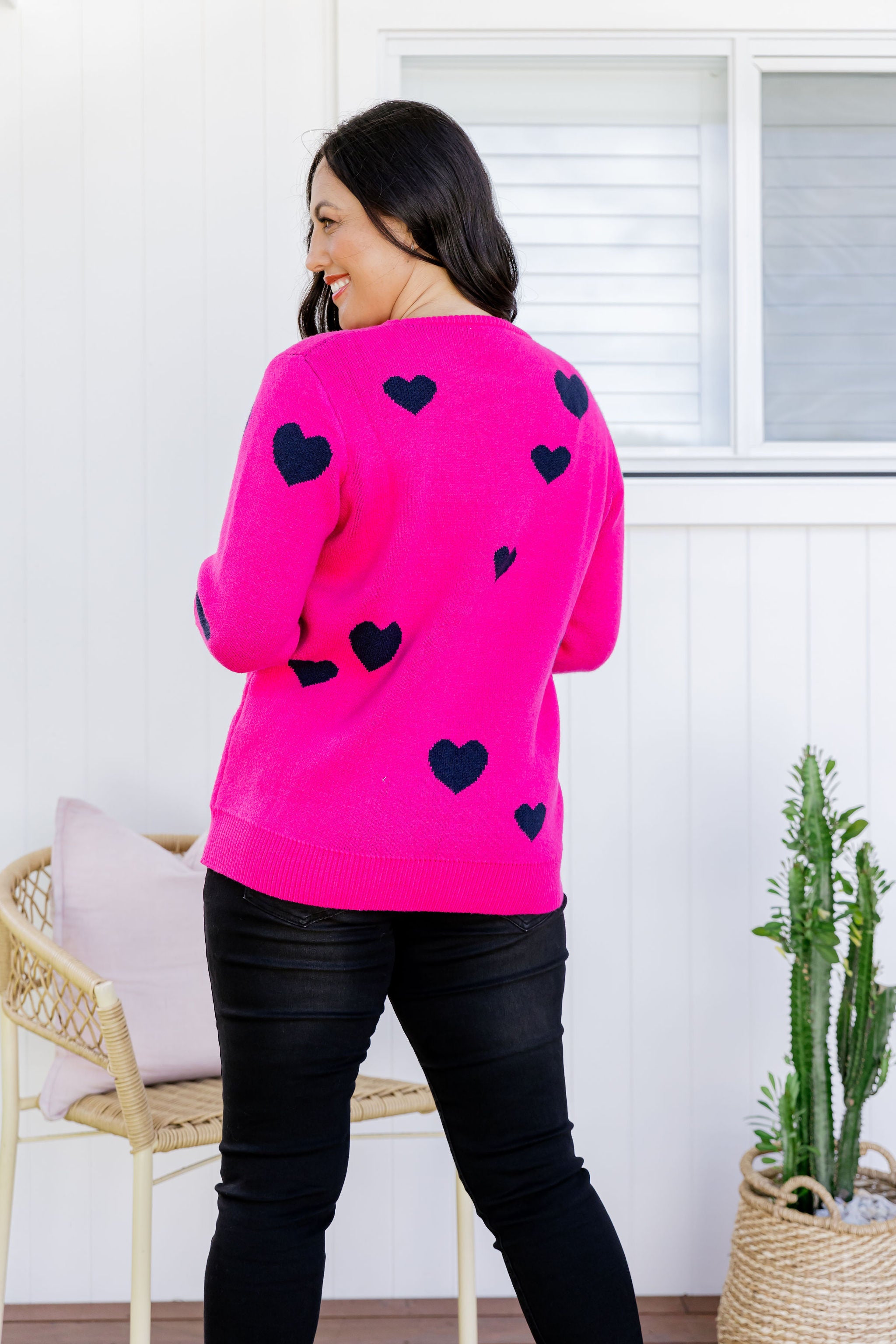 Amor Knit Jumper Women's Pink Sweater with Navy Hearts Design - Perfect for Casual Wear, Date Nights & Cozy Winter Outfits