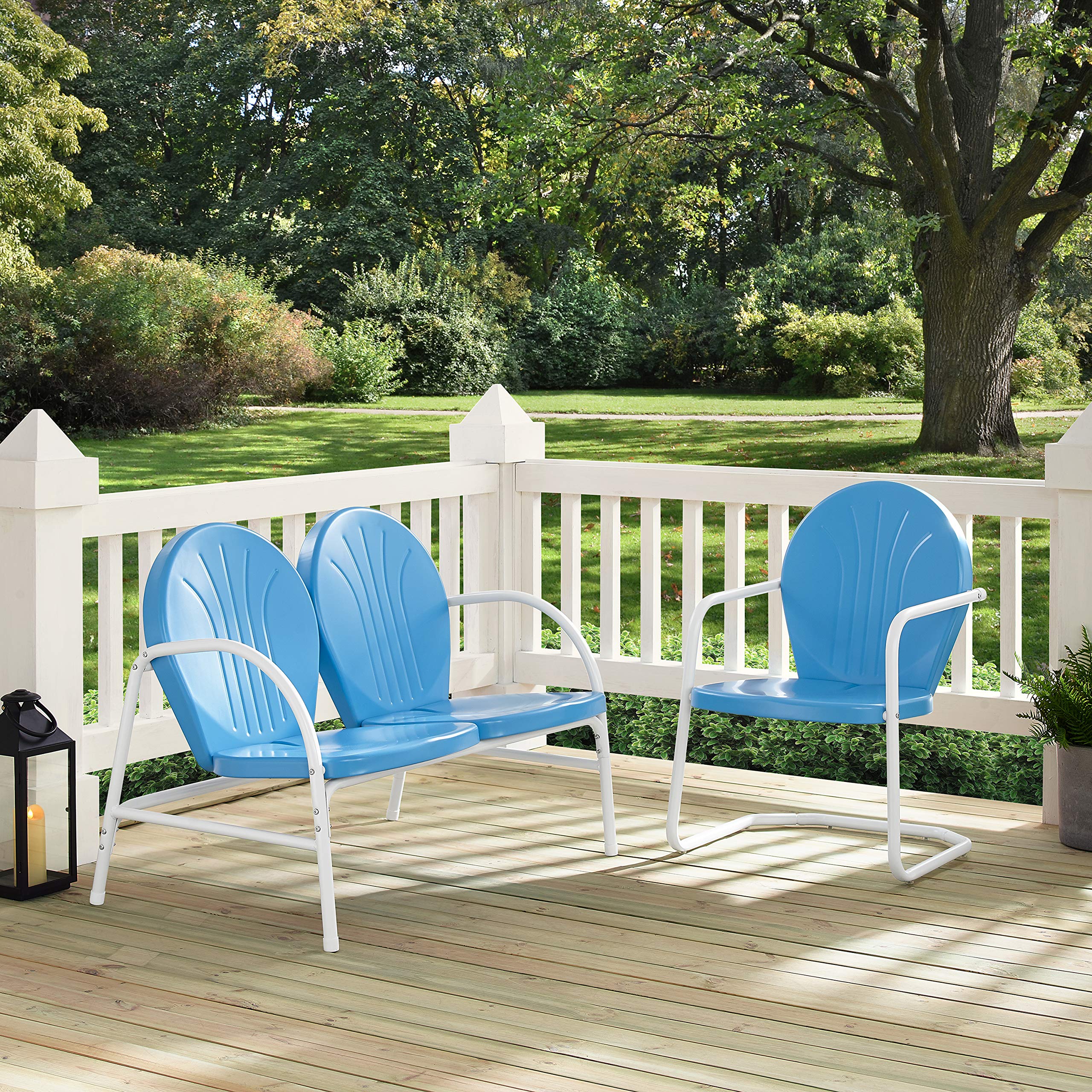 Crosley Furniture Griffith 2-Piece Retro Metal Outdoor Chair and Loveseat Set - Sky Blue Patio Furniture for Porch, Garden, Backyard & Poolside Relaxation