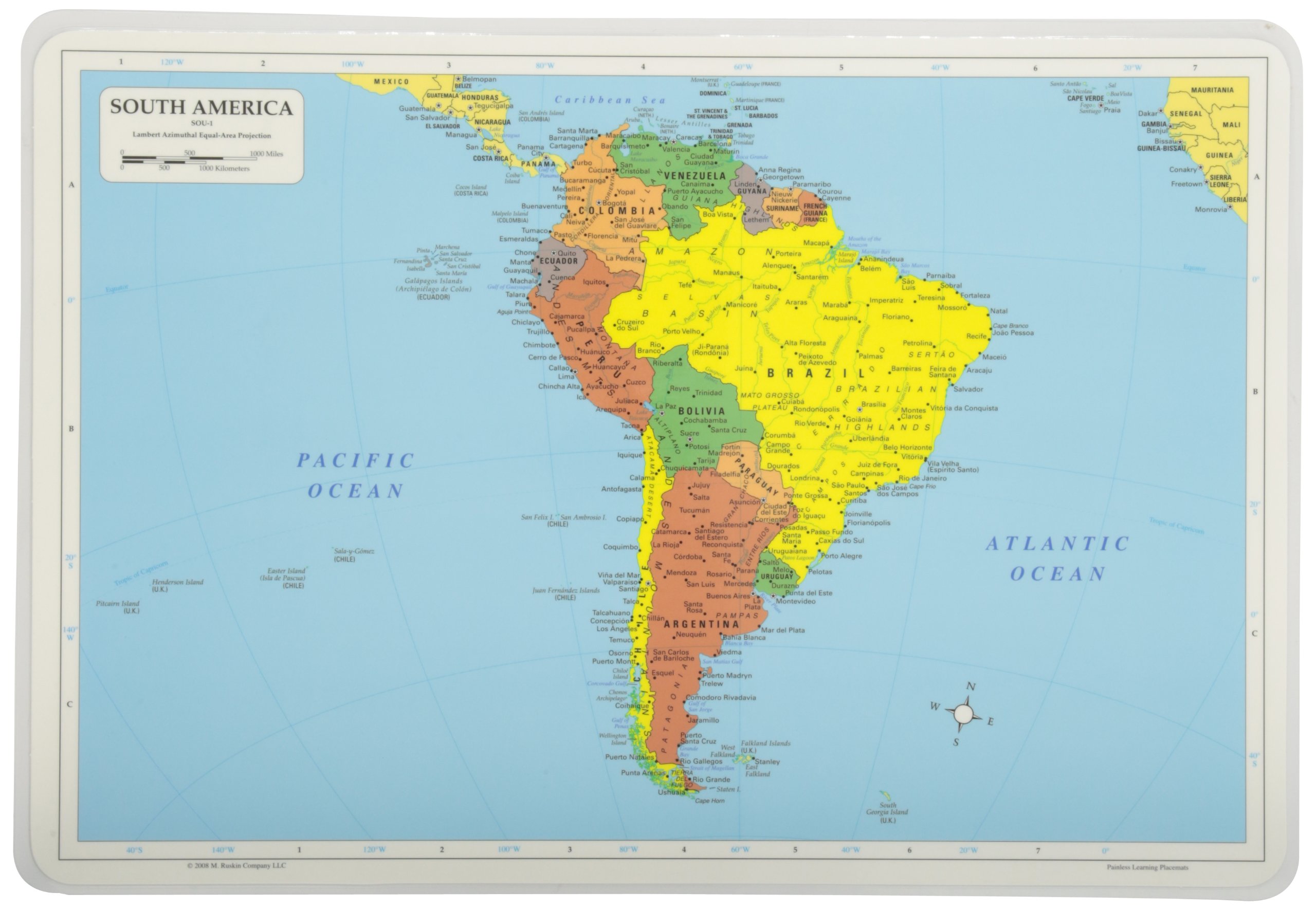 Educational South America Map Placemat for Kids - 12 x 17.5 Inches - Waterproof & Wipeable Geography Learning Tool - Perfect for Classrooms, Homeschooling & Dining Table Learning