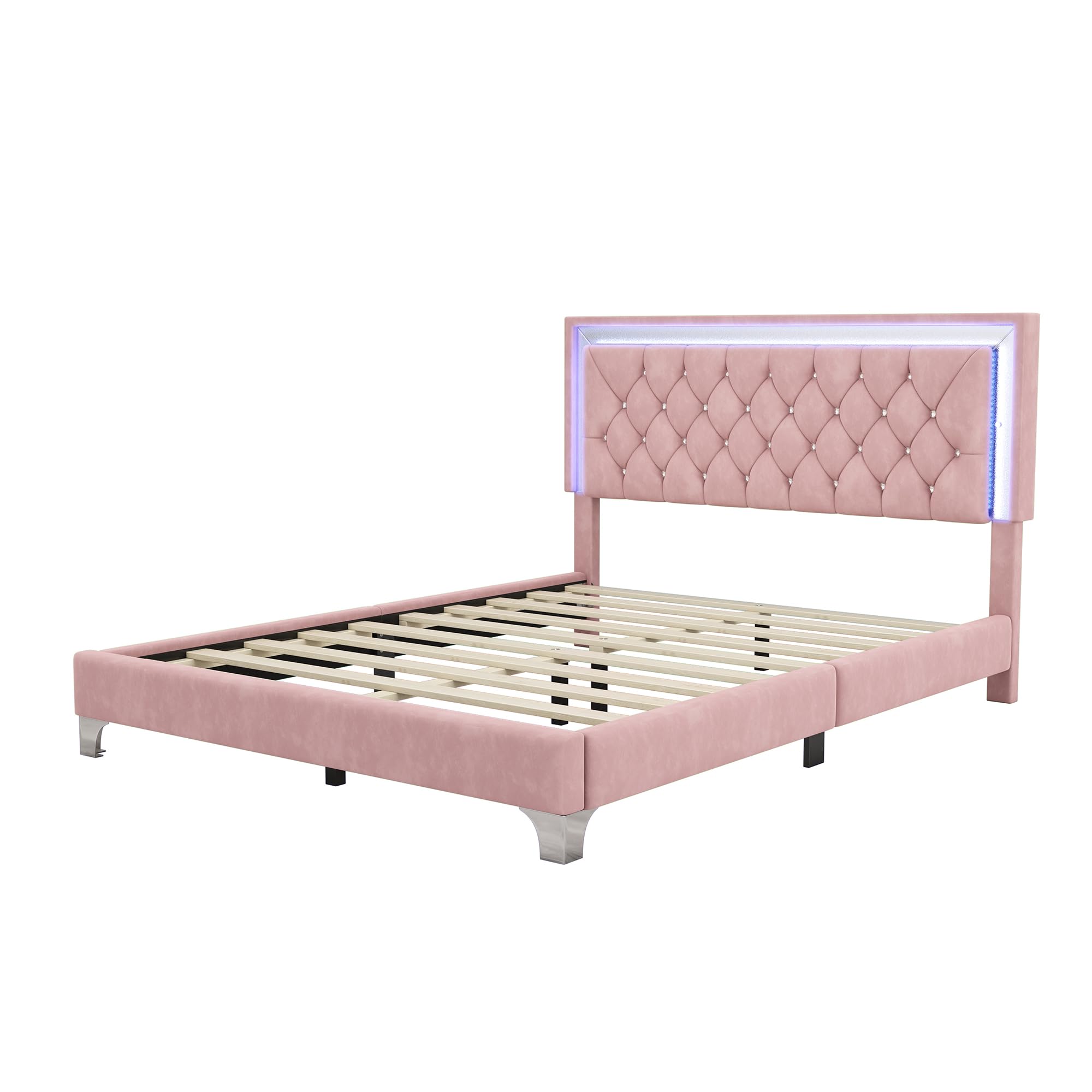 Harper & Bright Designs 3-Piece Queen Bedroom Set with LED Lights - Modern Upholstered Platform Bed & 2 Nightstands, Pink Queen Size Bedroom Furniture for Stylish Master Bedrooms & Guest Rooms