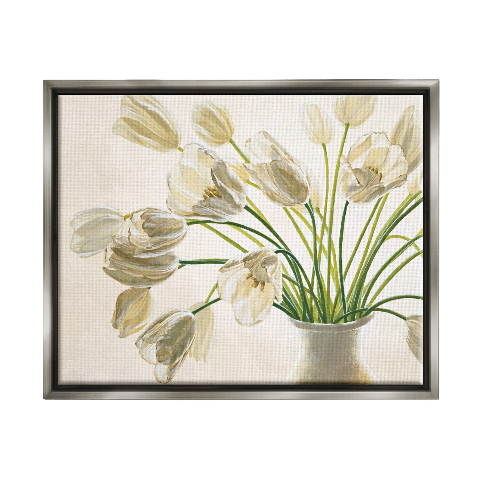 Stupell Industries Tranquil White Tulip Bouquet in Country Vase - Floater Frame Wall Art by Eva Barberini | Perfect for Living Room, Bedroom & Office Decor