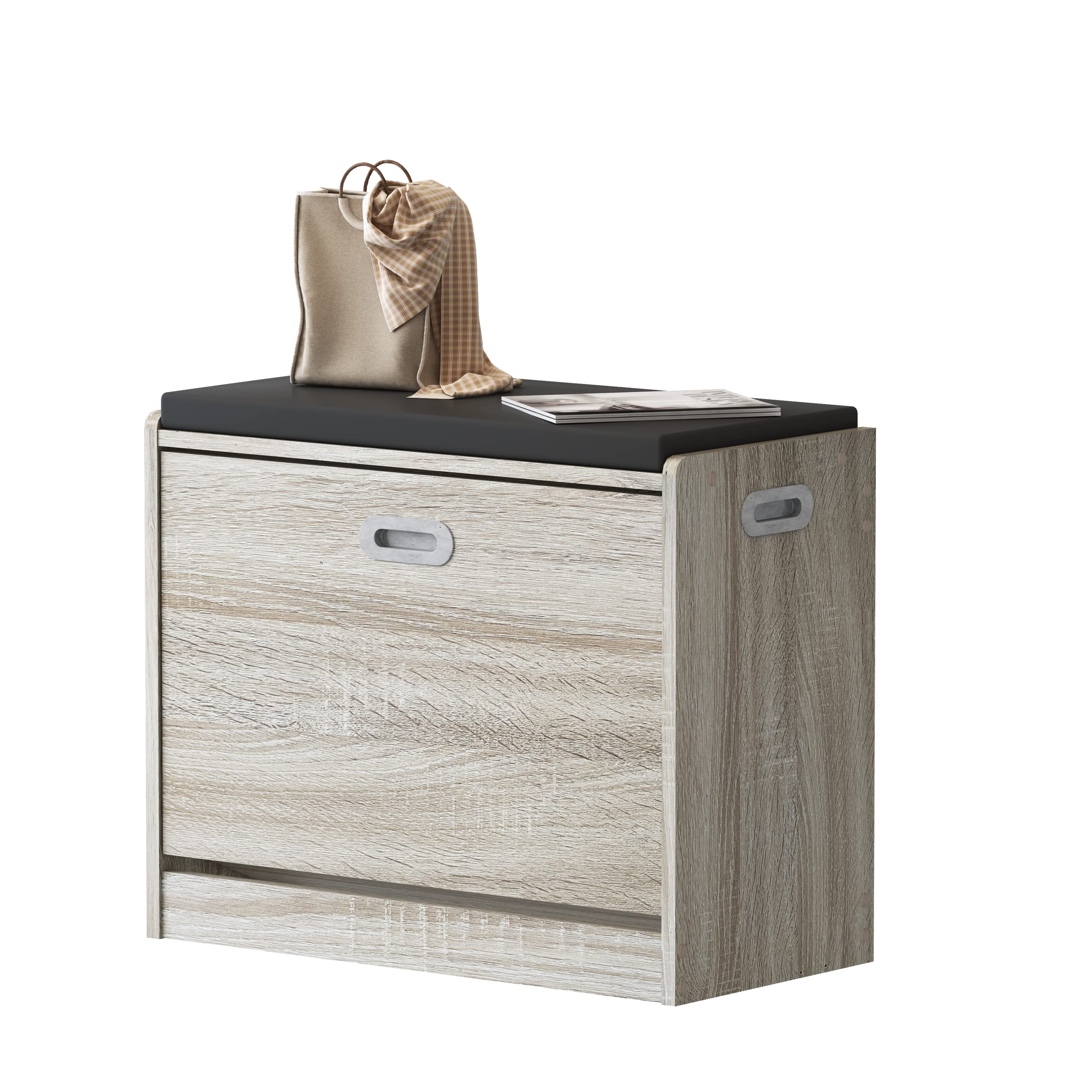 XRESLUCO Modern 3-Tier Shoe Storage Bench with Padded Seat & Hidden Compartment - Shoe Rack Organizer for Entryway, Bedroom, Closet, Hallway & Bathroom - Space-Saving Oak Shoe Cabinet for Small Apartments & Mudrooms
