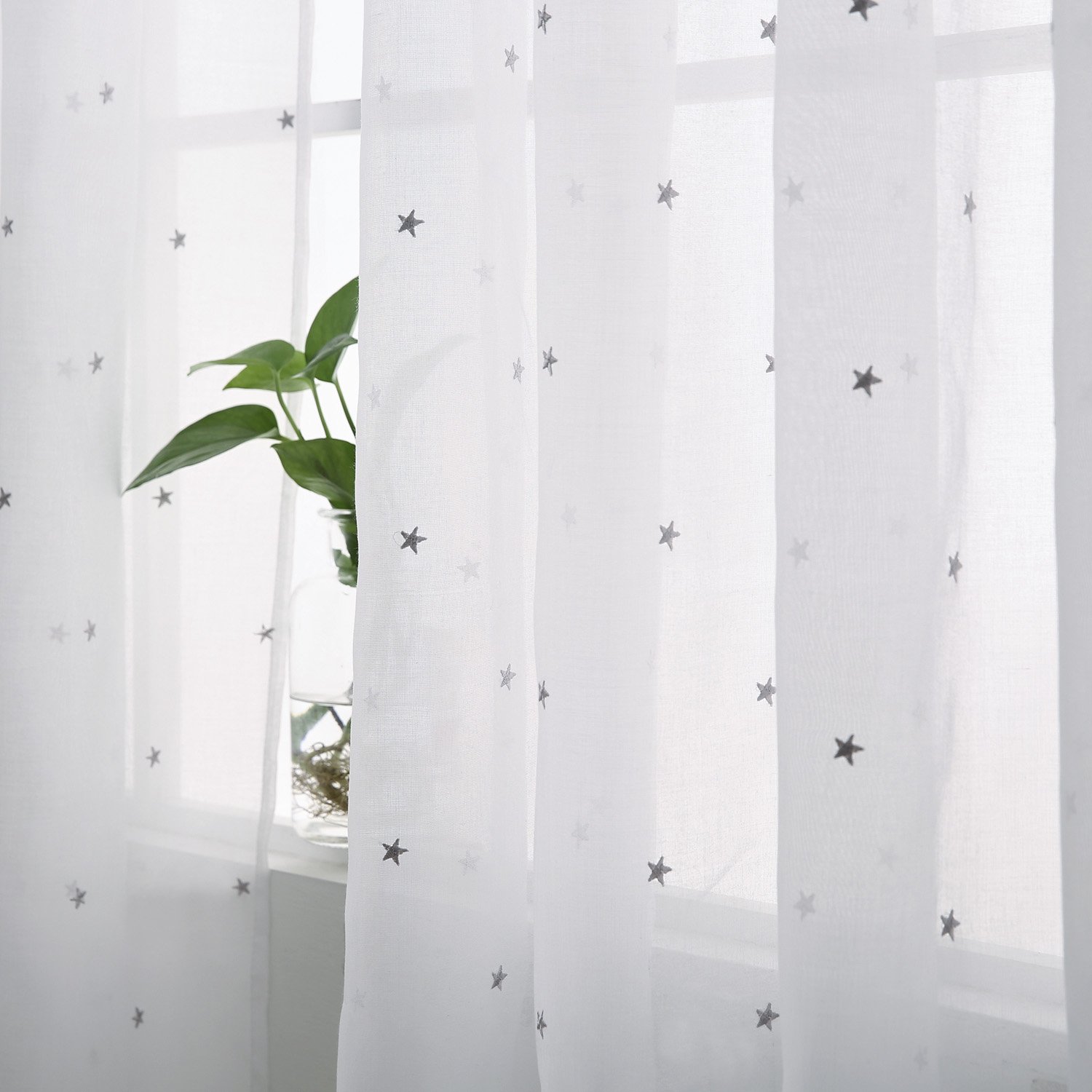 Deconovo White Rod Pocket Voile Sheer Curtains with Grey Star Embroidery - 52x84 Inches for Bedroom & Living Room, Light Filtering Window Drapes for Privacy & Home Decor