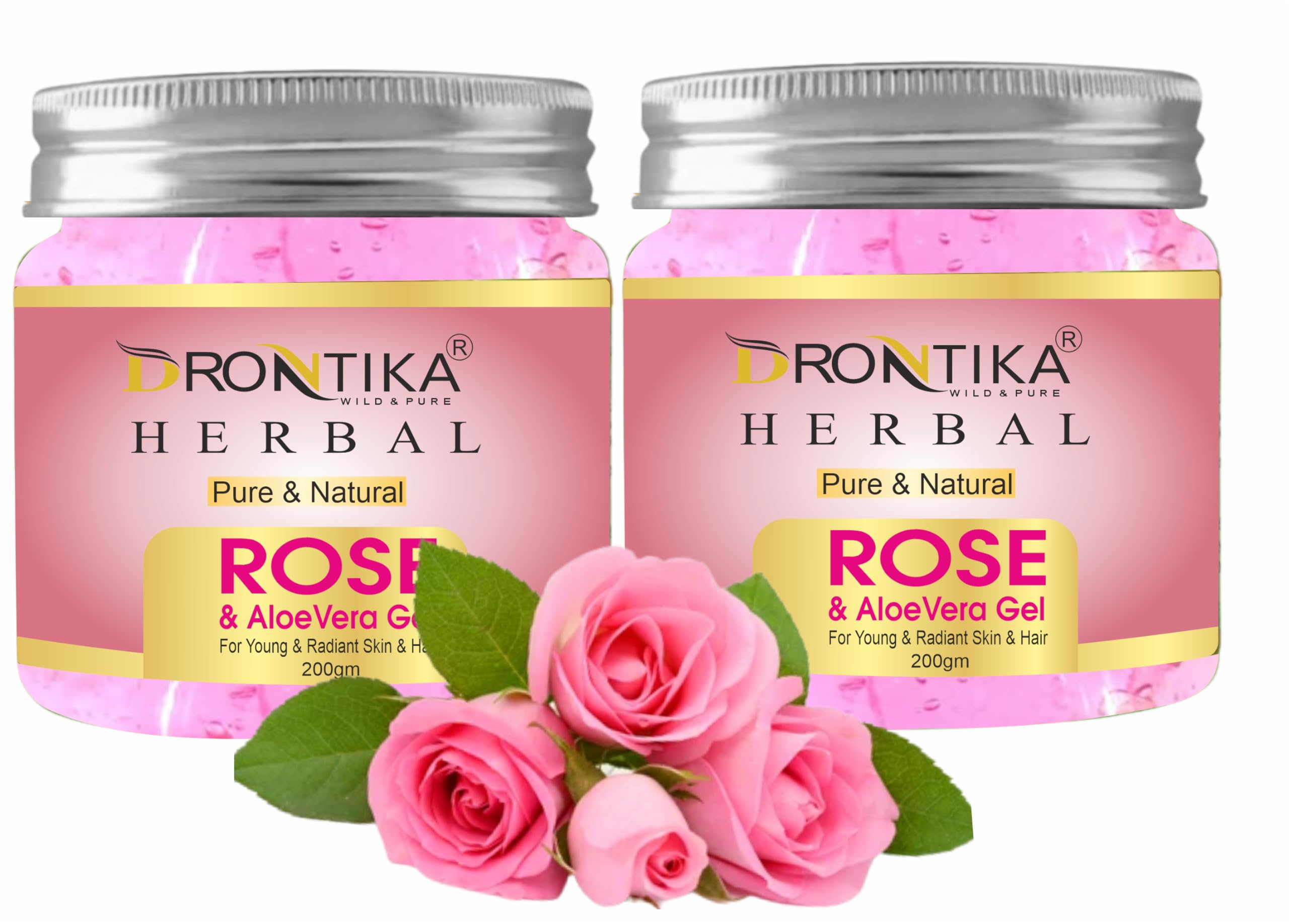 Drontika Herbal Rose Multipurpose Gel for Skin & Hair Care - Hydrating & Soothing with Hyaluronic Acid, Hibiscus, Aloe Vera & Rose Extract | Vegan, Cruelty-Free, 200g | Perfect for Dry Skin, Hair Mask & After-Sun Care