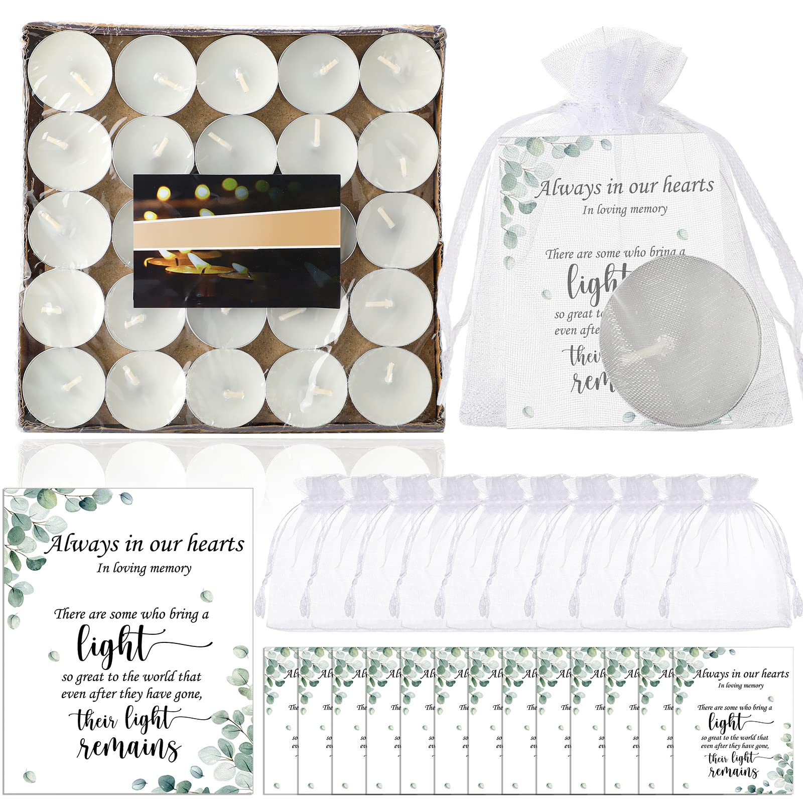 50-Pack Memorial White Unscented Tealight Candles with Condolence Cards & Organza Bags - Funeral Party Favors, Sympathy Gifts for Celebration of Life, Memorial Services & Home Decor