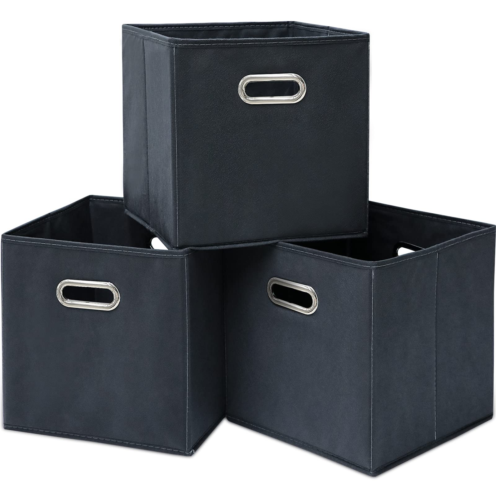 Black Fabric Cubby Storage Bins - 13x13x13 Inches Foldable Cube Organizer with Dual Handles - Set of 3 Grey Collapsible Storage Baskets for Closet, Nursery & Home Organization