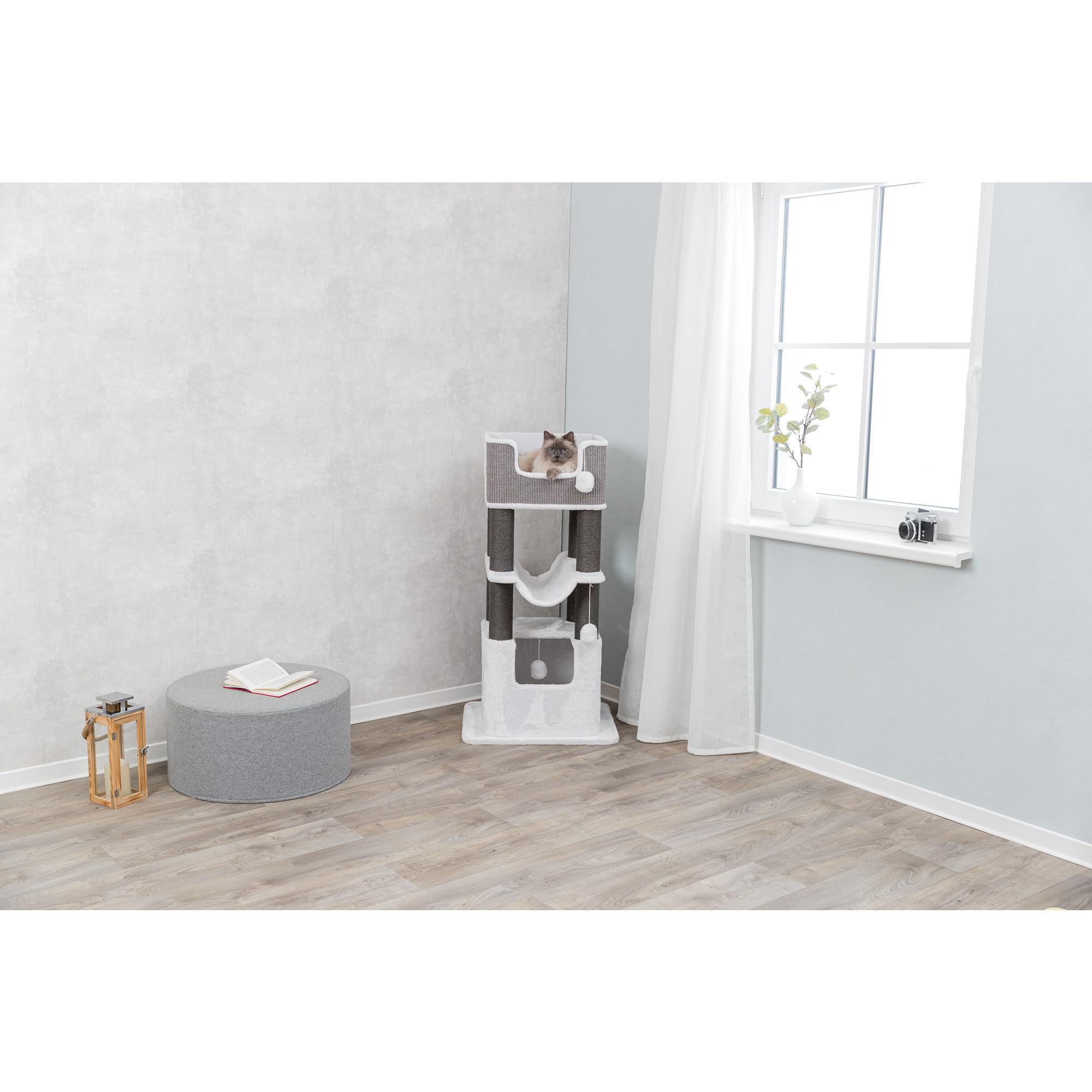 TRIXIE Lucano XXL 43-inch Cat Tower with Sisal Scratching Posts, Plush Condo & Cushions - Gray Cat Tree with Dangling Toys for Indoor Cats | Perfect for Play, Rest & Scratching in Home or Office