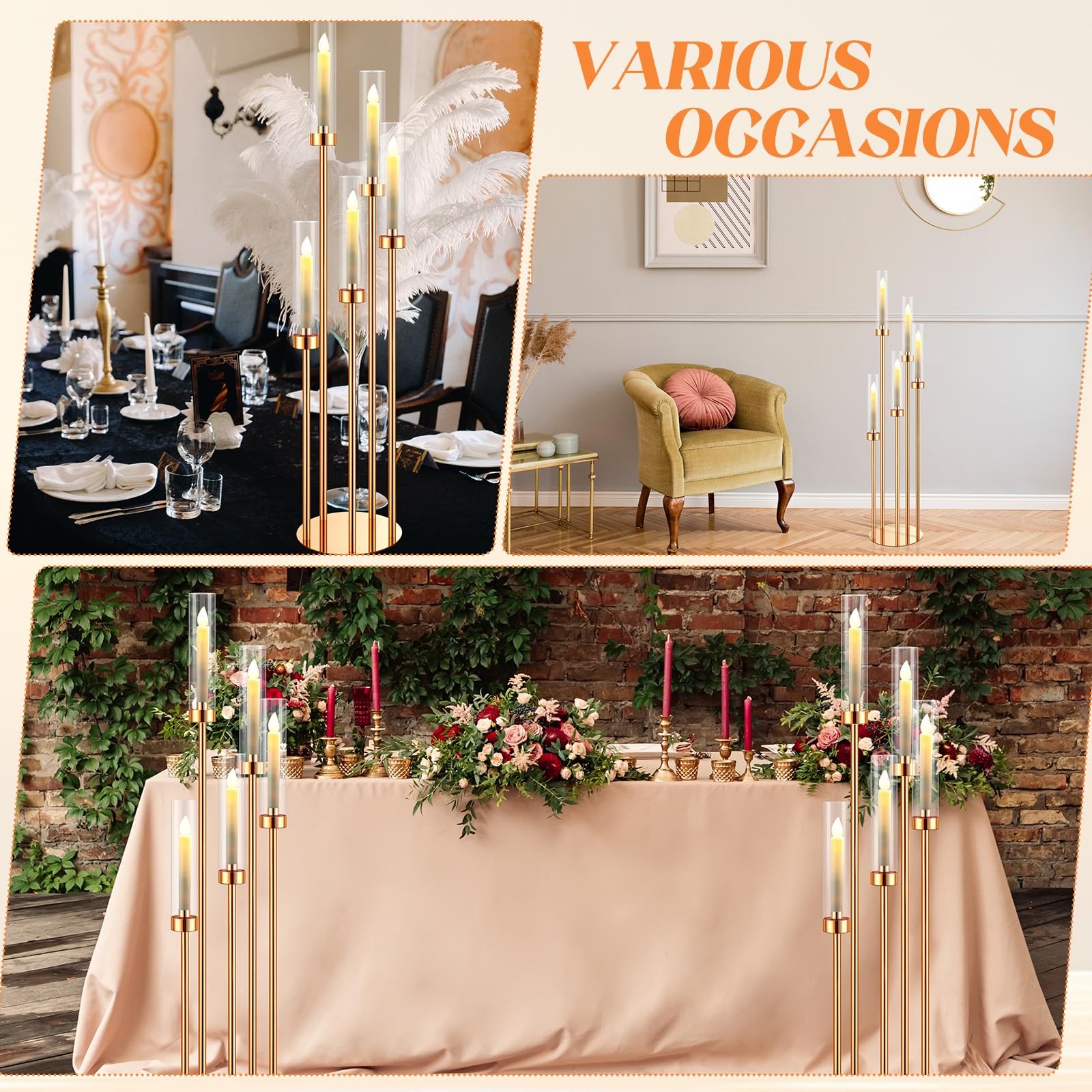 Tessco 4-Piece 42.5'' Tall Gold Metal Floor Candelabra Set with 5 Arms & Acrylic Lampshades - Elegant Candle Holders for Wedding Centerpieces, Party Decor, and Home Decoration - Perfect for Dining Tables, Living Rooms, and Special Events