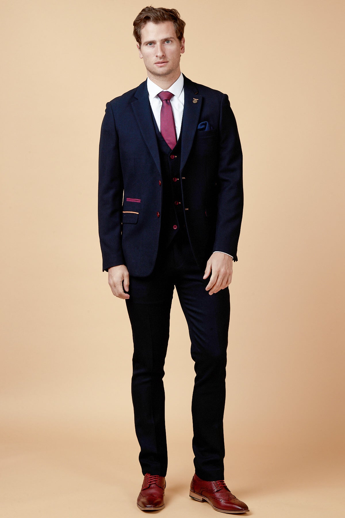 JD4 Navy Blue Contrast Trim 3-Piece Suit for Men | Formal Business Attire | Wedding, Office & Special Occasion Wear