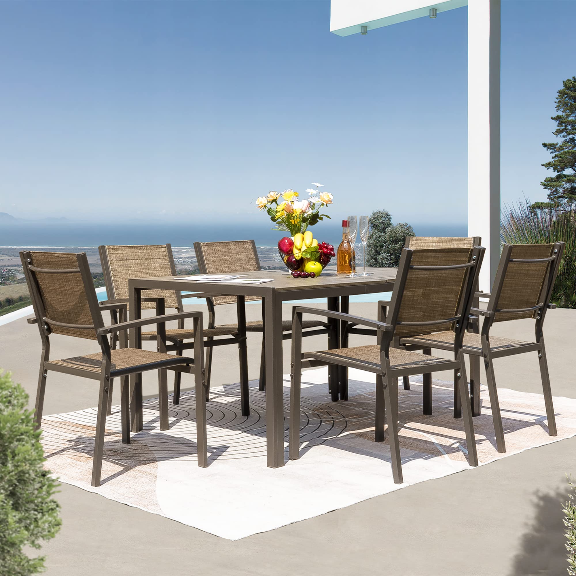 Rankok 7-Piece Patio Dining Set - Outdoor Furniture with Weather-Resistant Table & 6 Stackable Textilene Chairs for Garden, Yard, Poolside (Brown) | Perfect for Backyard BBQs, Outdoor Entertaining & Relaxing by the Pool