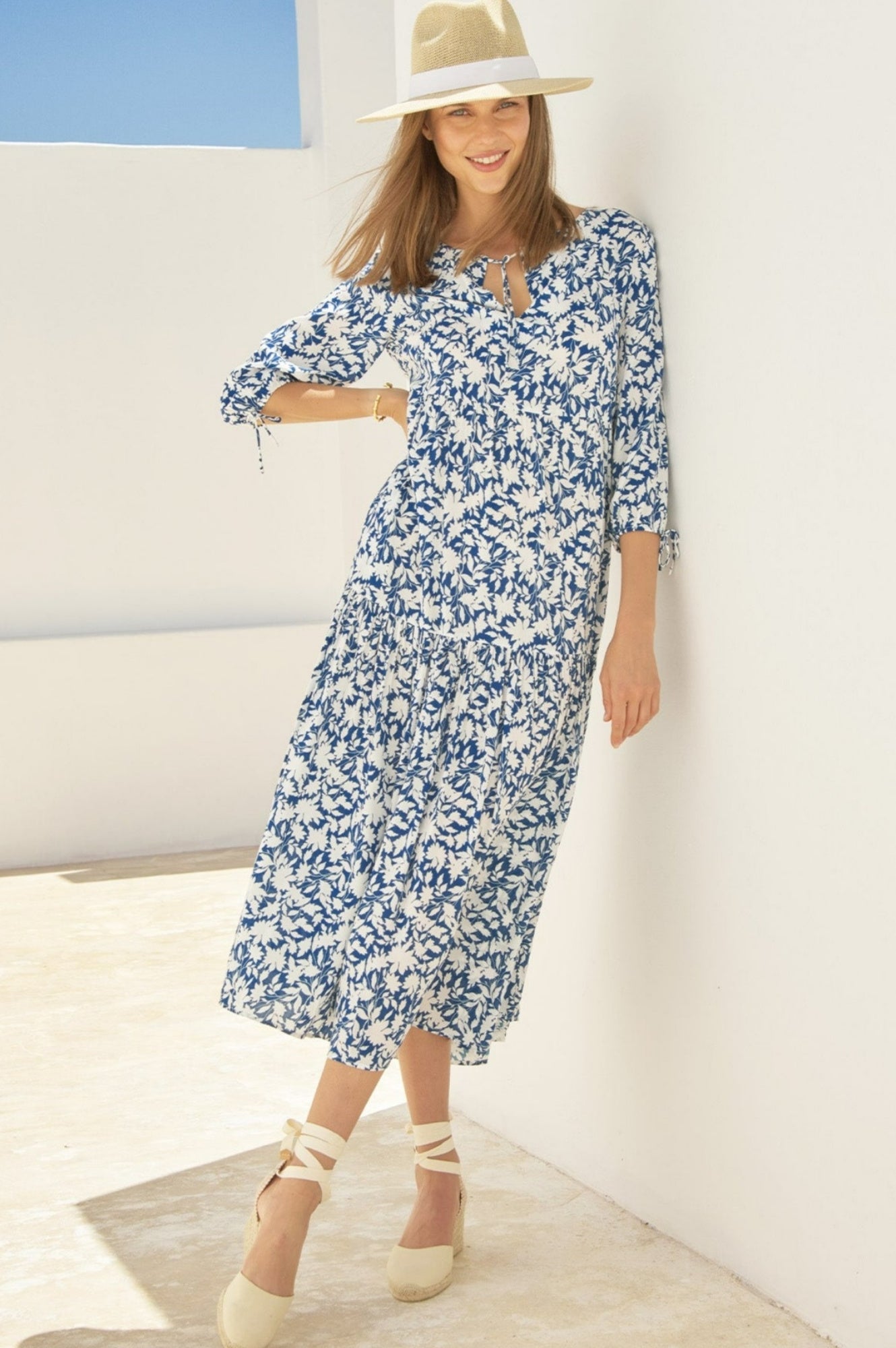Virginia EcoVero™ Midi Dress - Sustainable Navy & White Floral Summer Dress for Women | Beach Wedding, Garden Party & Casual Outings