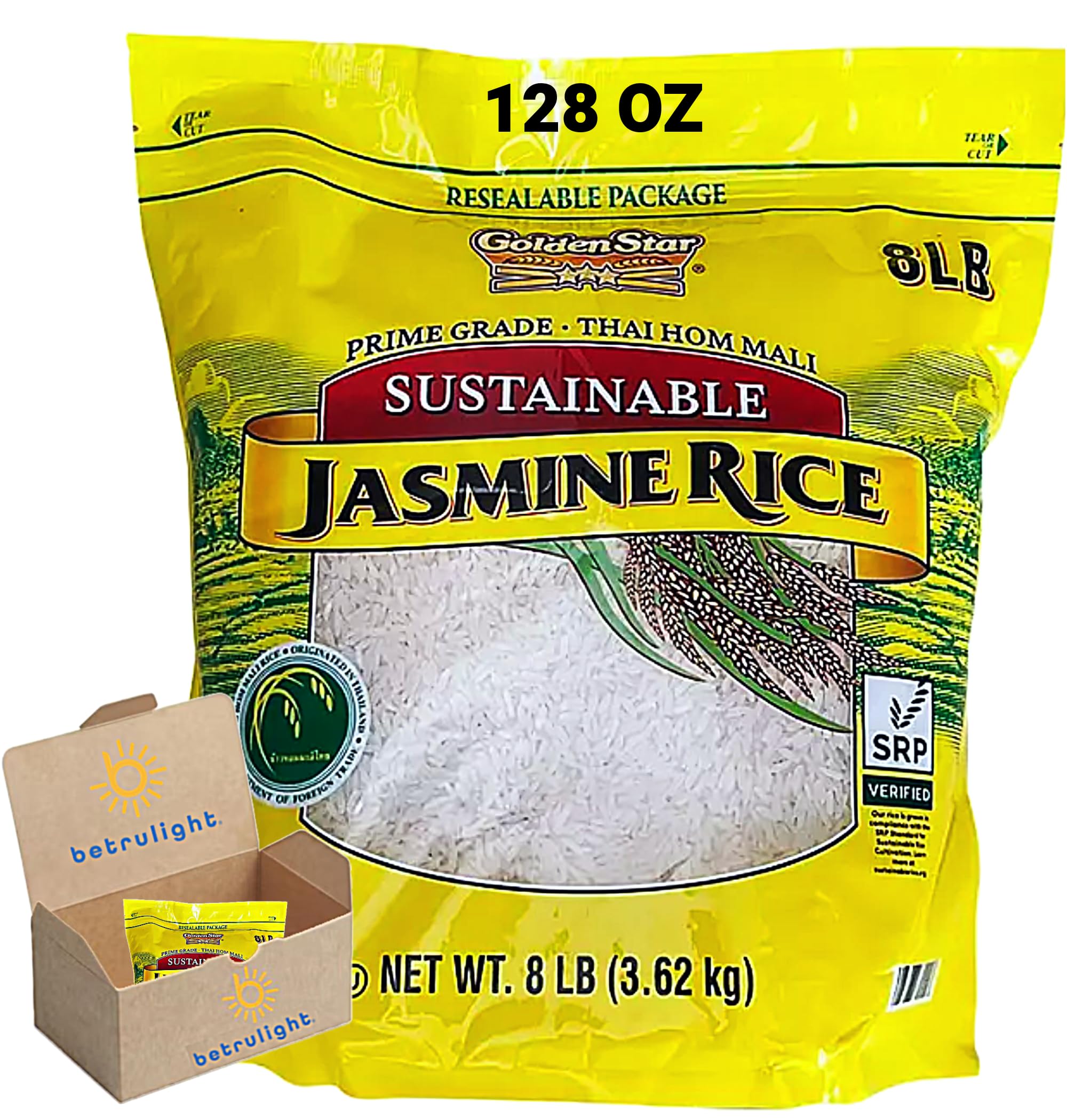 Premium Thai Hom Mali Jasmine Rice - 128oz (8lbs) | Authentic Fragrant Long Grain White Rice | Non-GMO, Sustainably Grown | Perfect for Asian Cuisine, Fried Rice & Rice Bowls | Elegant BETRULIGHT Branded Packaging