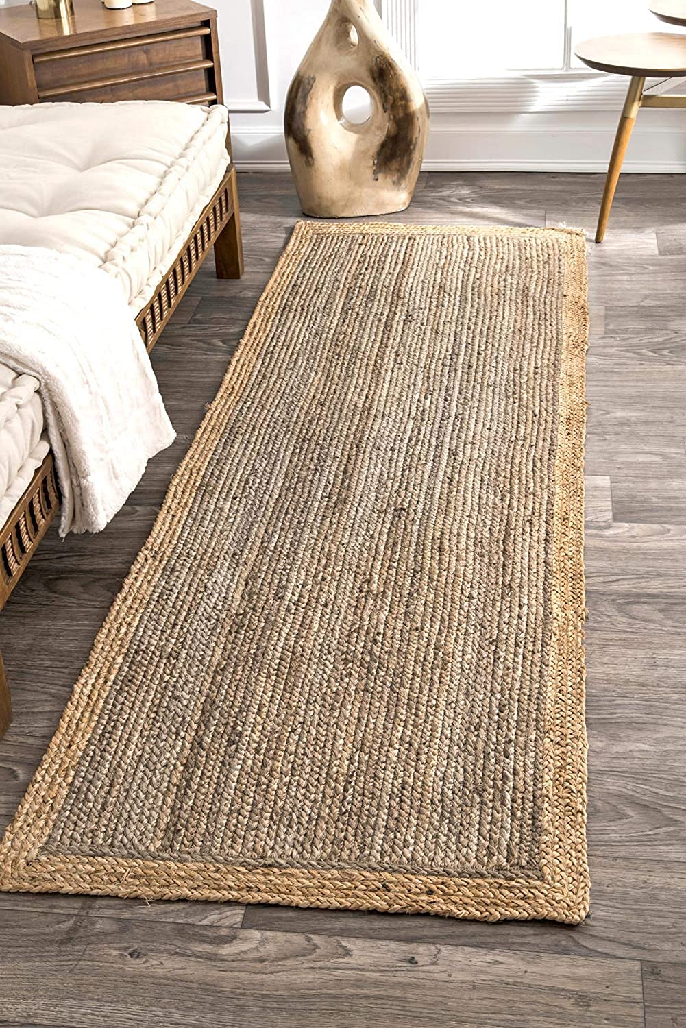 Hand Braided Dark Grey Jute Border Rectangle Area Rug - 8x11 Feet - Indoor/Outdoor Living Room Carpet - Perfect for Home Decor, Patio & High Traffic Areas