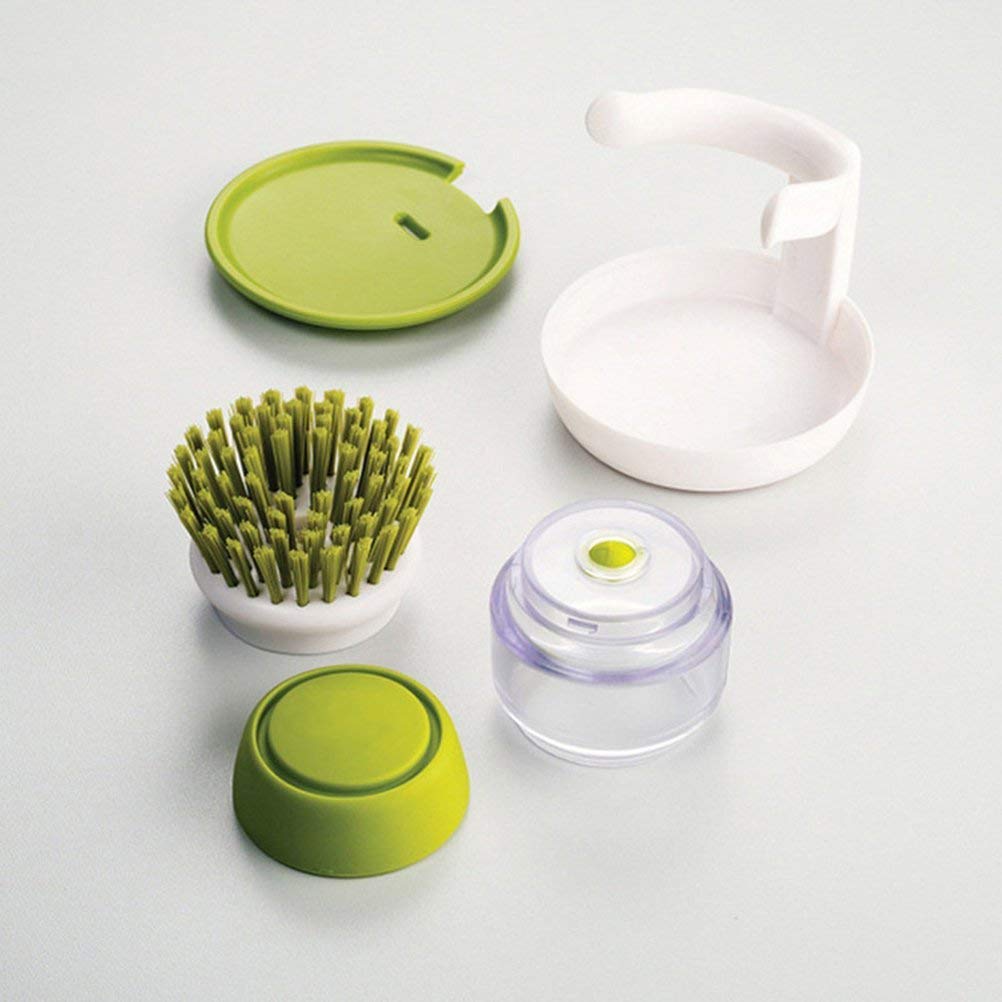 QONETIC Kitchen Sink Cleaning Brush with Built-in Soap Dispenser - Dish Scrubber with Storage Stand Holder, Palm Scrub Brush for Washing Dishes - Perfect for Kitchen, Bathroom, and Outdoor Cleaning (SDWB.01)