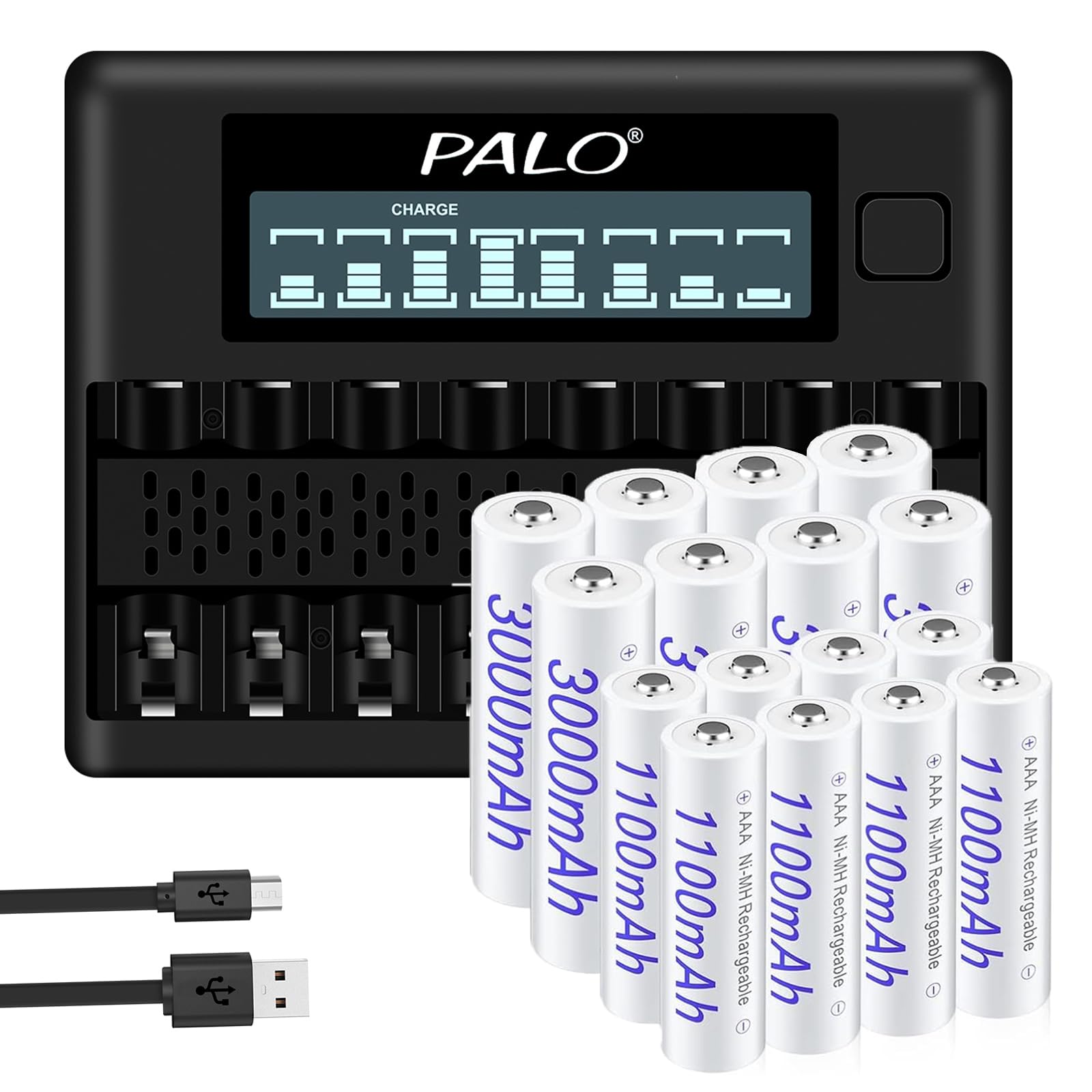 High-Capacity AA AAA Rechargeable Batteries Combo - 8 Pack 3000mAh AA & 8 Pack 1100mAh AAA NiMH Batteries with 8-Slot Smart LCD Charger | Perfect for Cameras, Toys, Flashlights & Electronic Devices