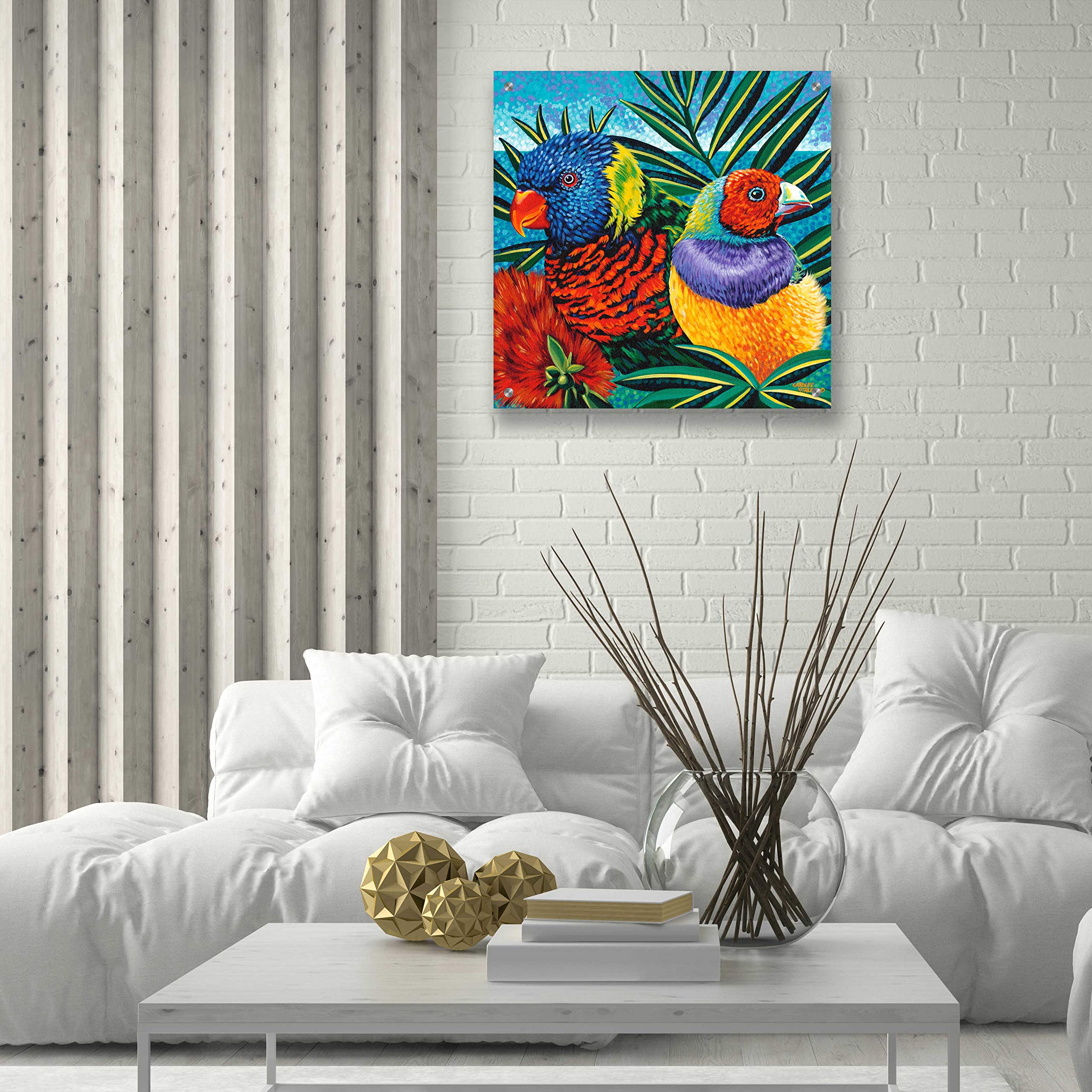 Birds in Paradise II by Carolee Vitaletti - 24x24 Inch Vibrant Acrylic Glass Wall Art Painting - Tropical Bird Decor for Living Room, Bedroom & Office