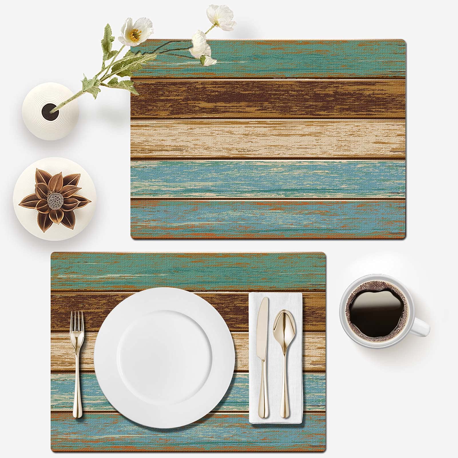 Mcalk Farmhouse Table Runner & 6-Piece Placemats Set - Teal & Brown Wooden Texture Rectangular Linen Placemats - Washable Kitchen & Dining Table Decor for Farmhouse, Rustic, or Modern Home Style - Perfect for Everyday Meals, Dinner Parties, and Holiday Gatherings