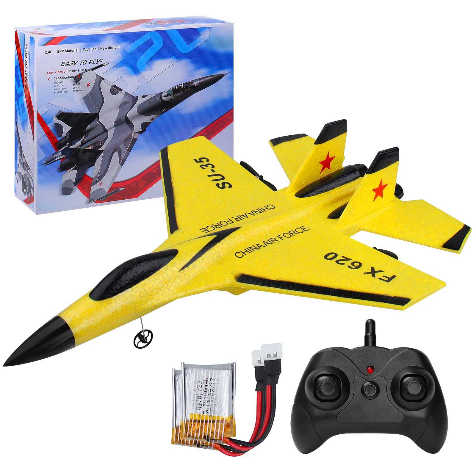 **SU35 2CH RC Airplane - 2.4GHz Ready-to-Fly Remote Control Jet with Night Lights & USB Charging - Easy to Fly Toy for Boys, Kids & Beginners - Outdoor & Indoor Play, Birthday Gifts, Backyard Fun (Yellow)**